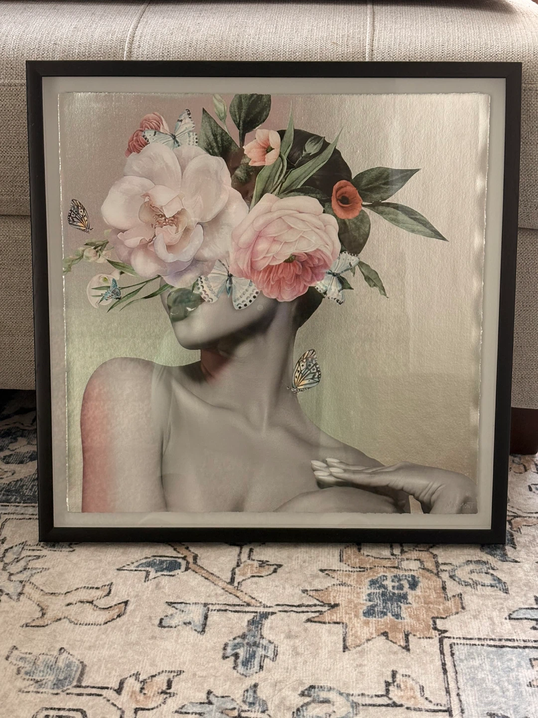Framed Wall Art - Woman with Flowers & Butterflies