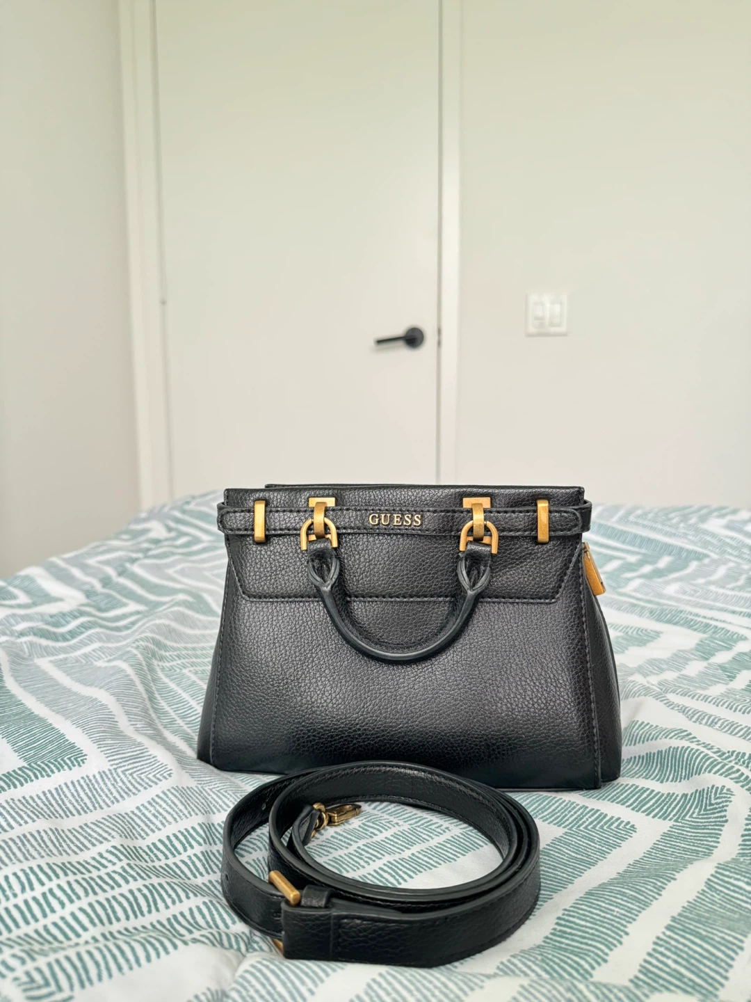 Guess Black Leather Satchel Handbag with Strap