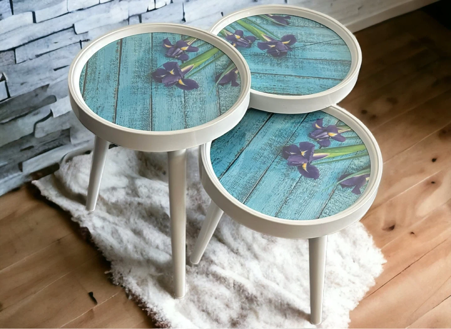 Set of 3 Nesting Side Tables. Flowers Style