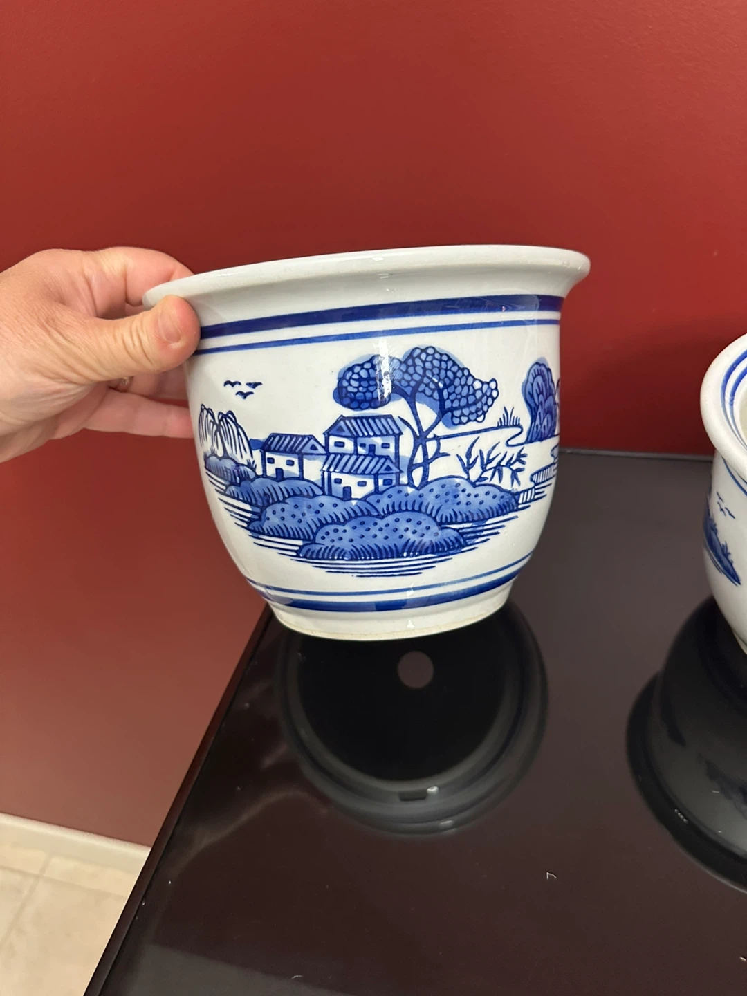 2 Blue and White Willow Pattern Planter Pot - photo 3
