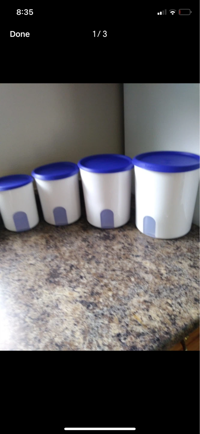 Set of 4 White Storage Containers with Blue Lids
