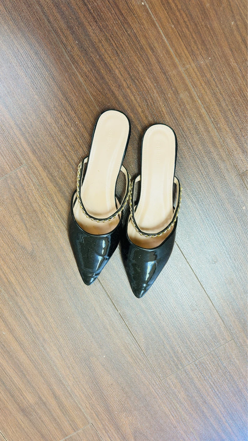 Shiny Black Mules with Gold Chain Accent
