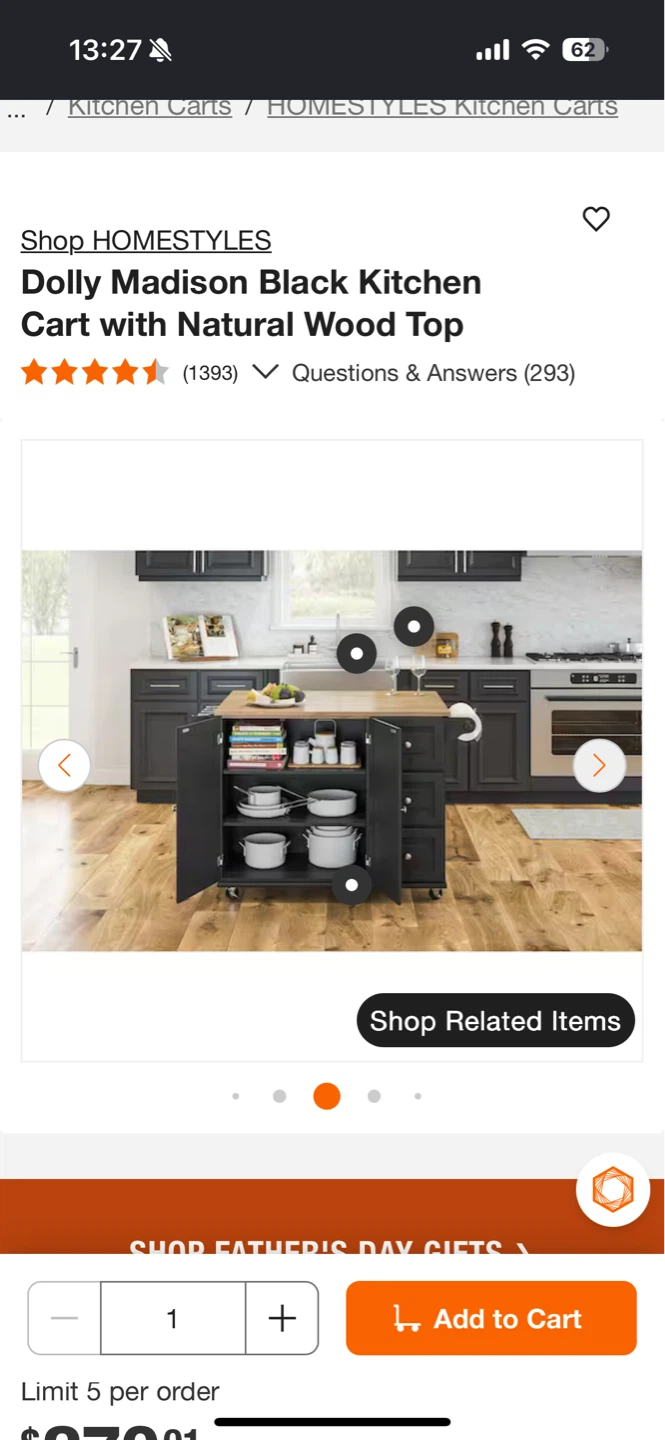 Black Kitchen Cart with Natural Wood Top - photo 5