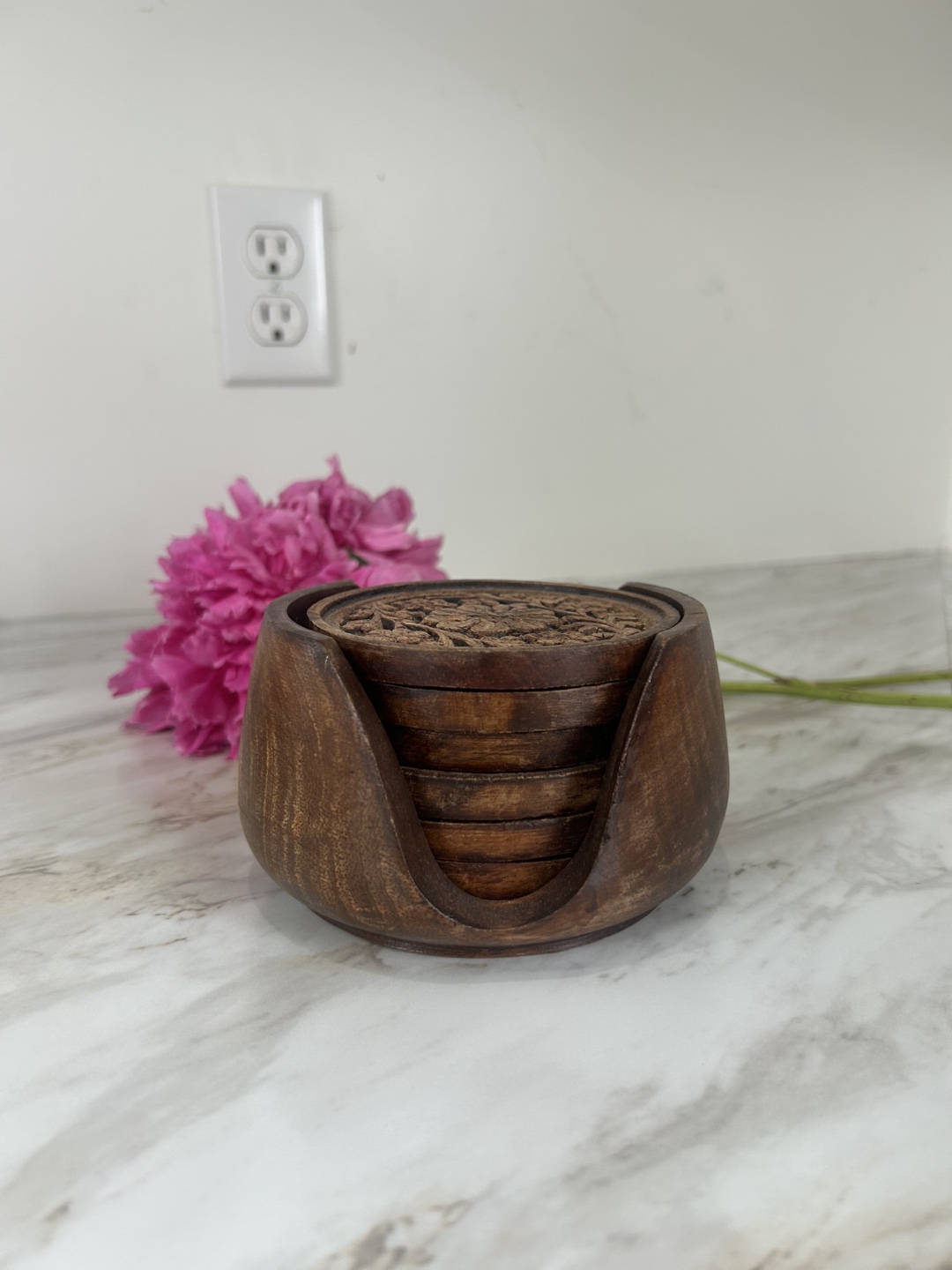 Wooden Carved Coasters Set