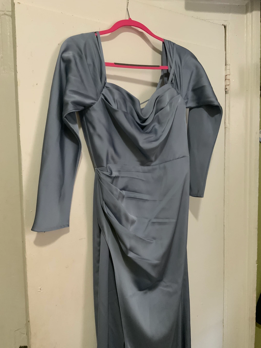 AZAZIE Blue Ruched Satin Maxi Dress