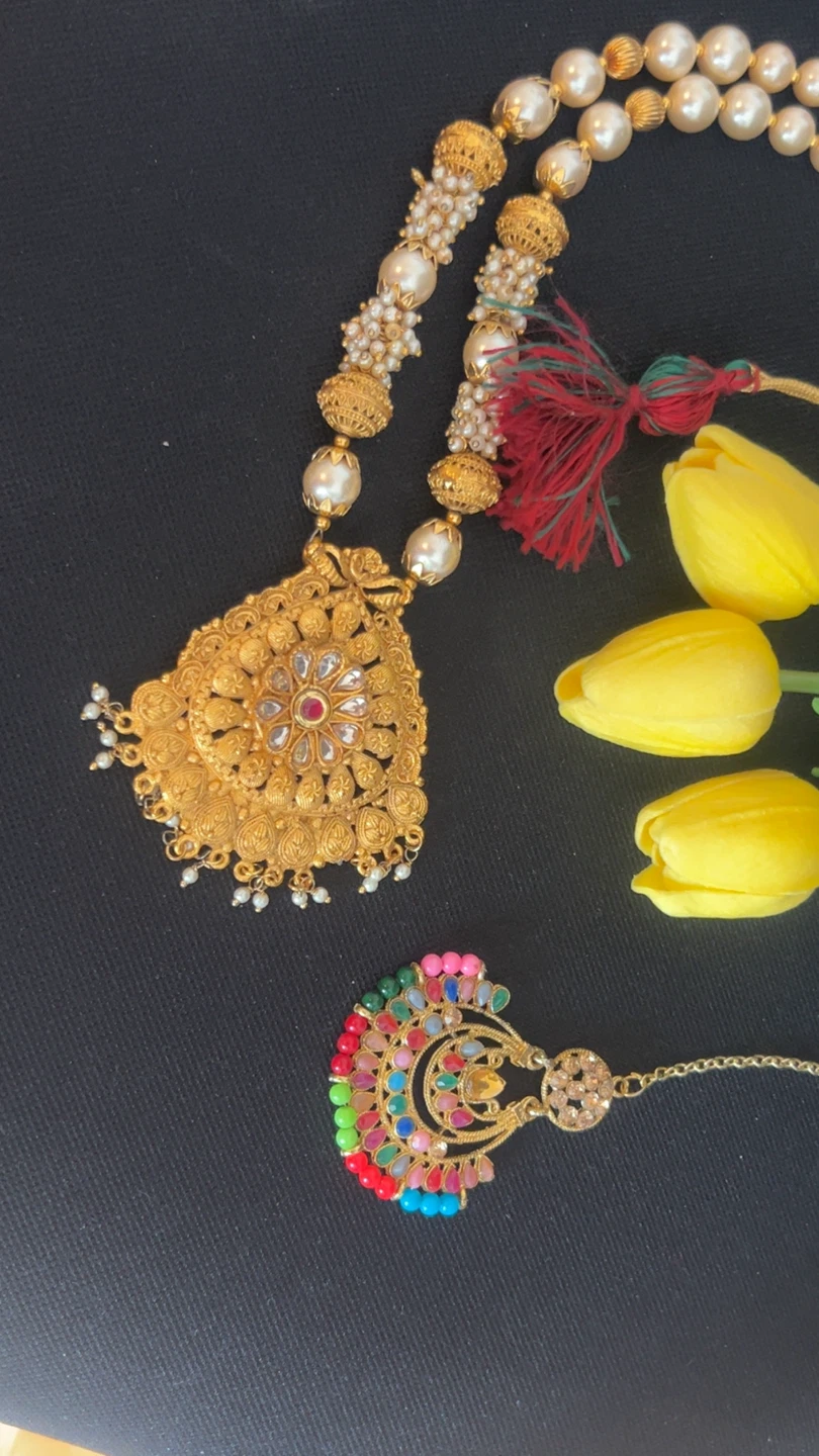 Gold-Tone Necklace and Tikka Set with Pearls and Colorful Beads