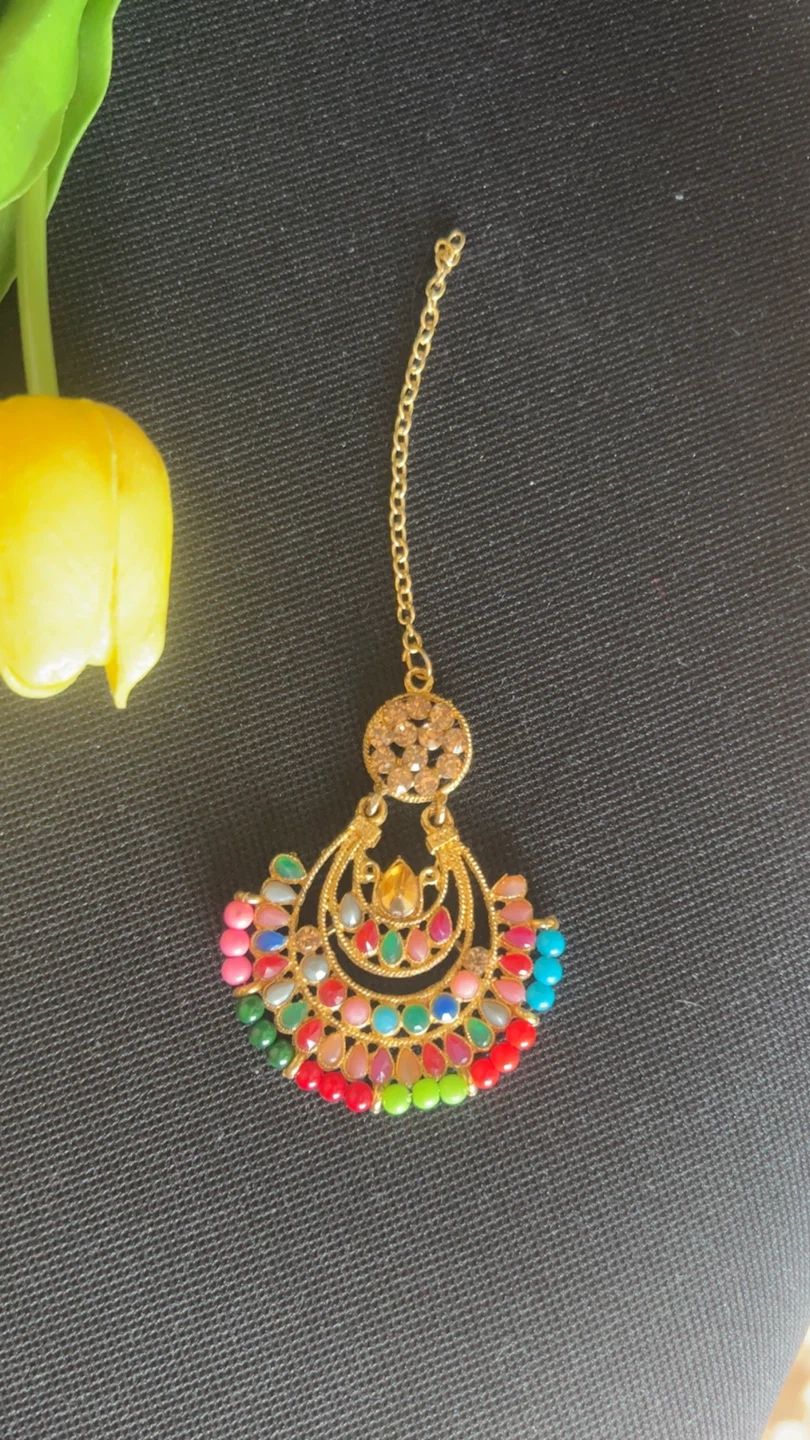 Gold-Tone Necklace and Tikka Set with Pearls and Colorful Beads - photo 3