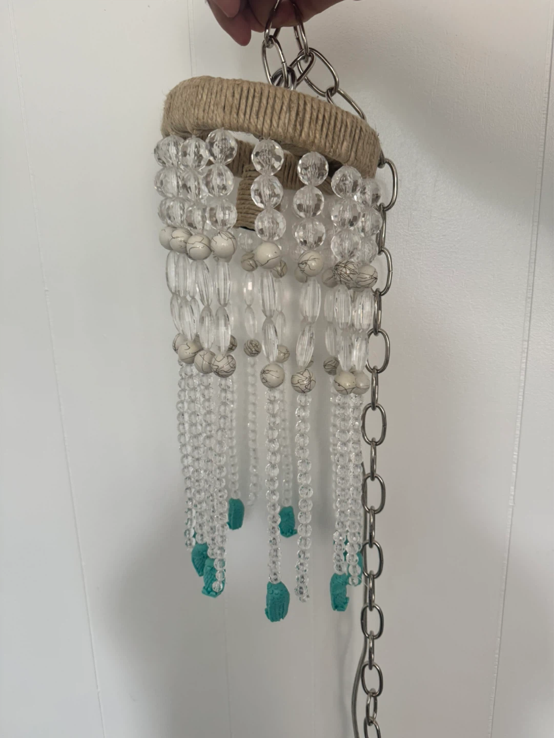 Jute and Beaded Chandelier with Teal Accents