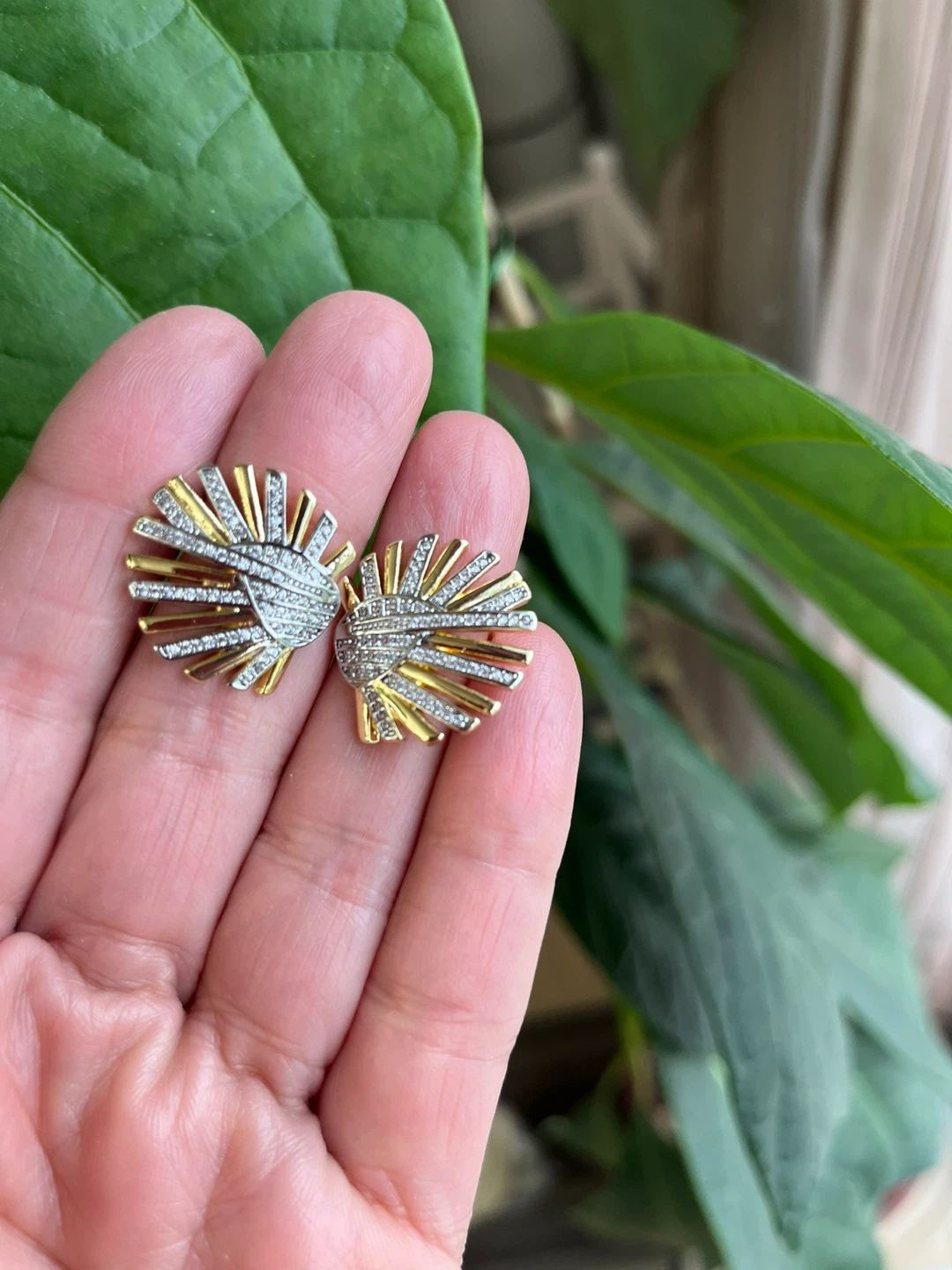 Gold Leaf Design Earrings with Rhinestones