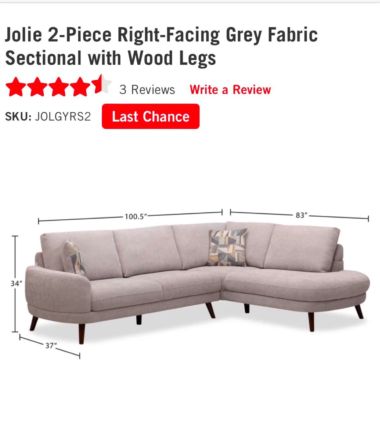 Jolie 2-Piece Right-Facing Grey Fabric Sectional Sofa - photo 4