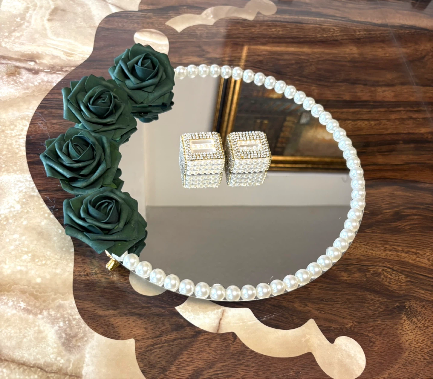 Round mirror tray with gold rhinestone