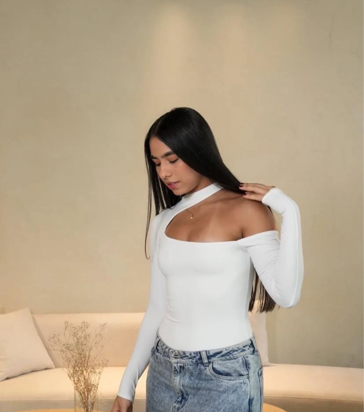 White Asymmetrical Cutout Long Sleeve Top