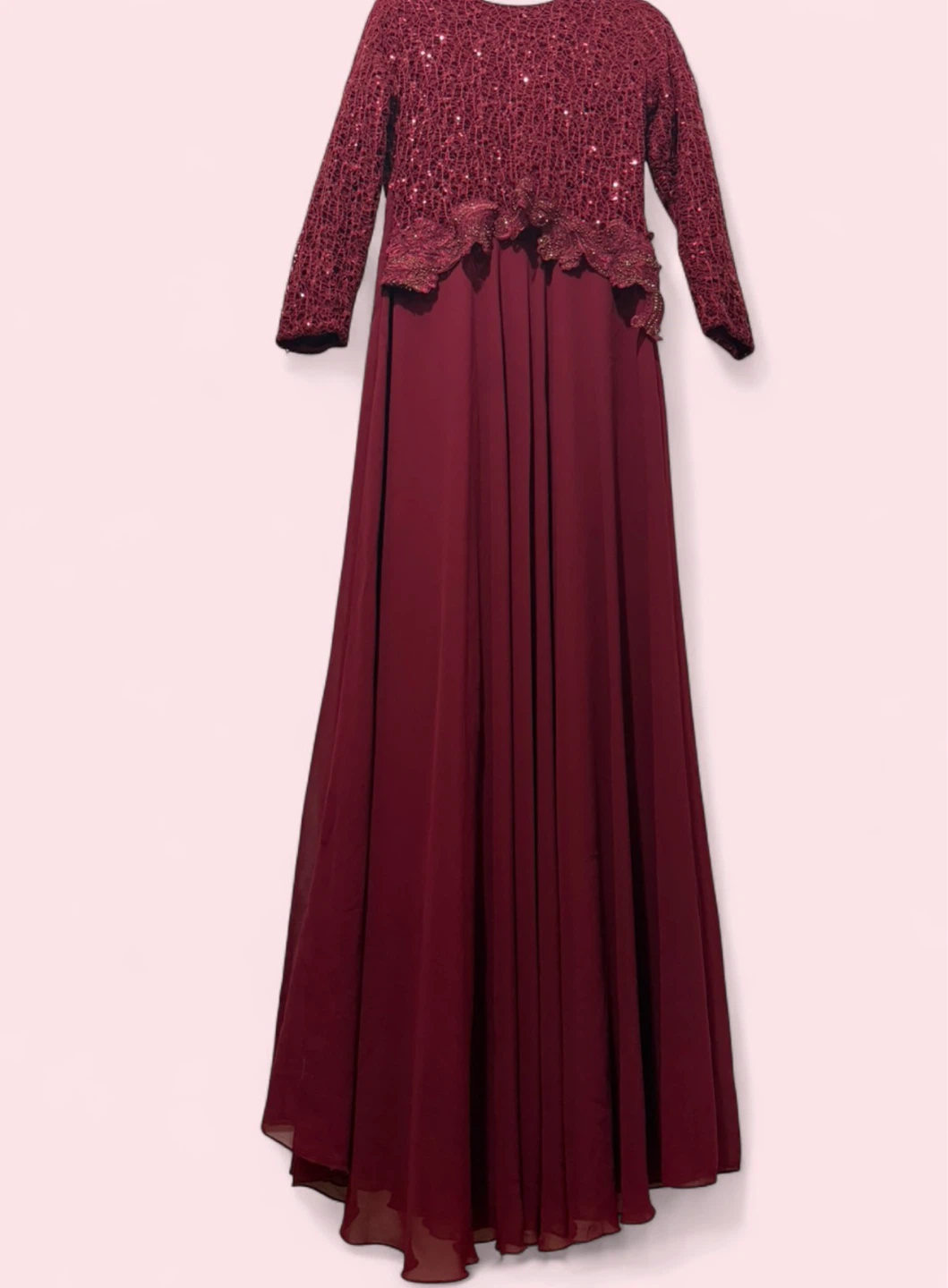 Burgundy Beaded Lace Formal Gown