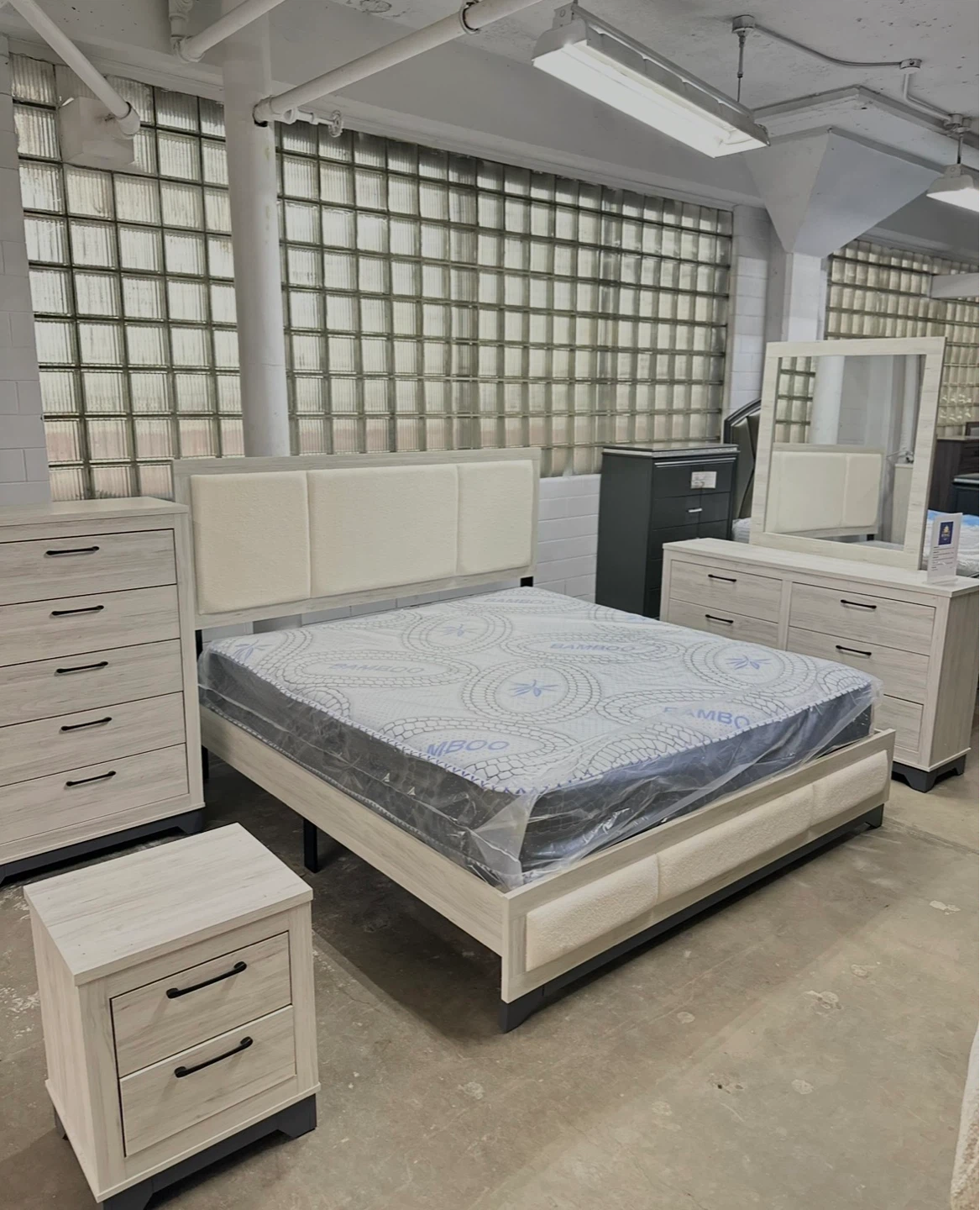 4 piece queen/king set bed frame, dresser, mirror, nightstand