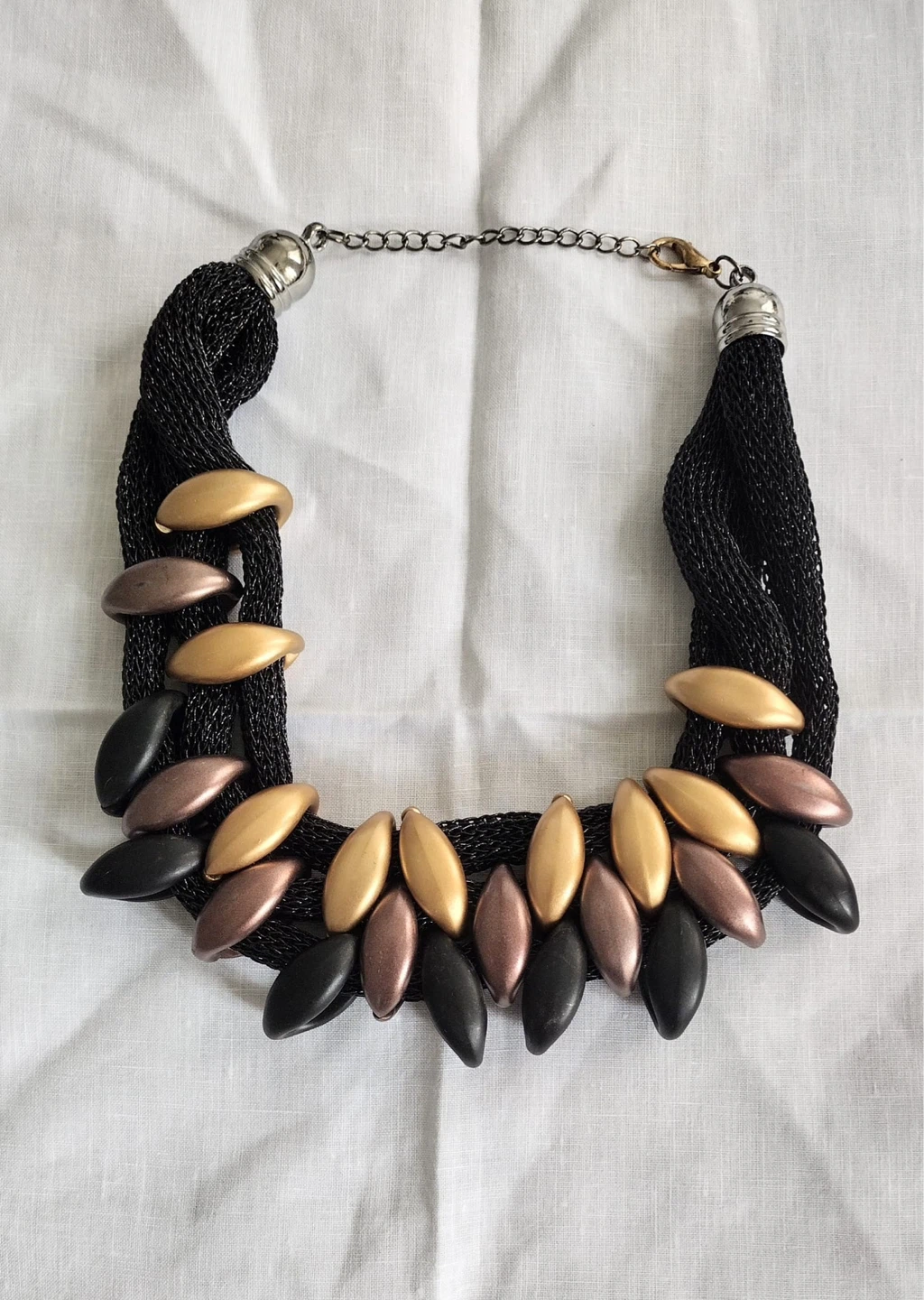 Black Mesh Necklace with Gold, Bronze, and Black Beads
