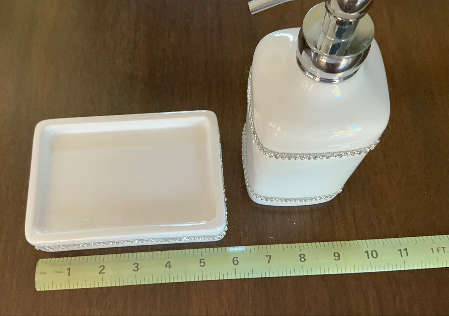 White Ceramic Soap Dispenser and Tray with Rhinestones - photo 3