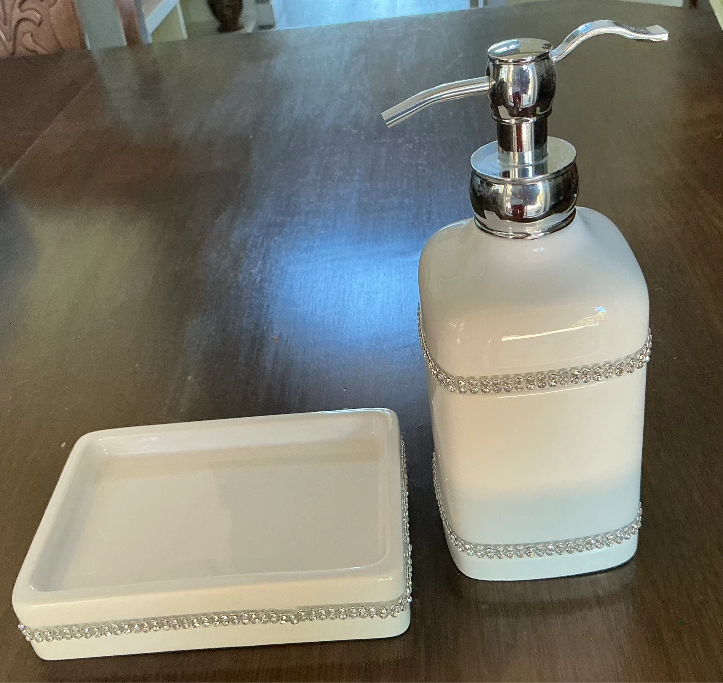 White Ceramic Soap Dispenser and Tray with Rhinestones