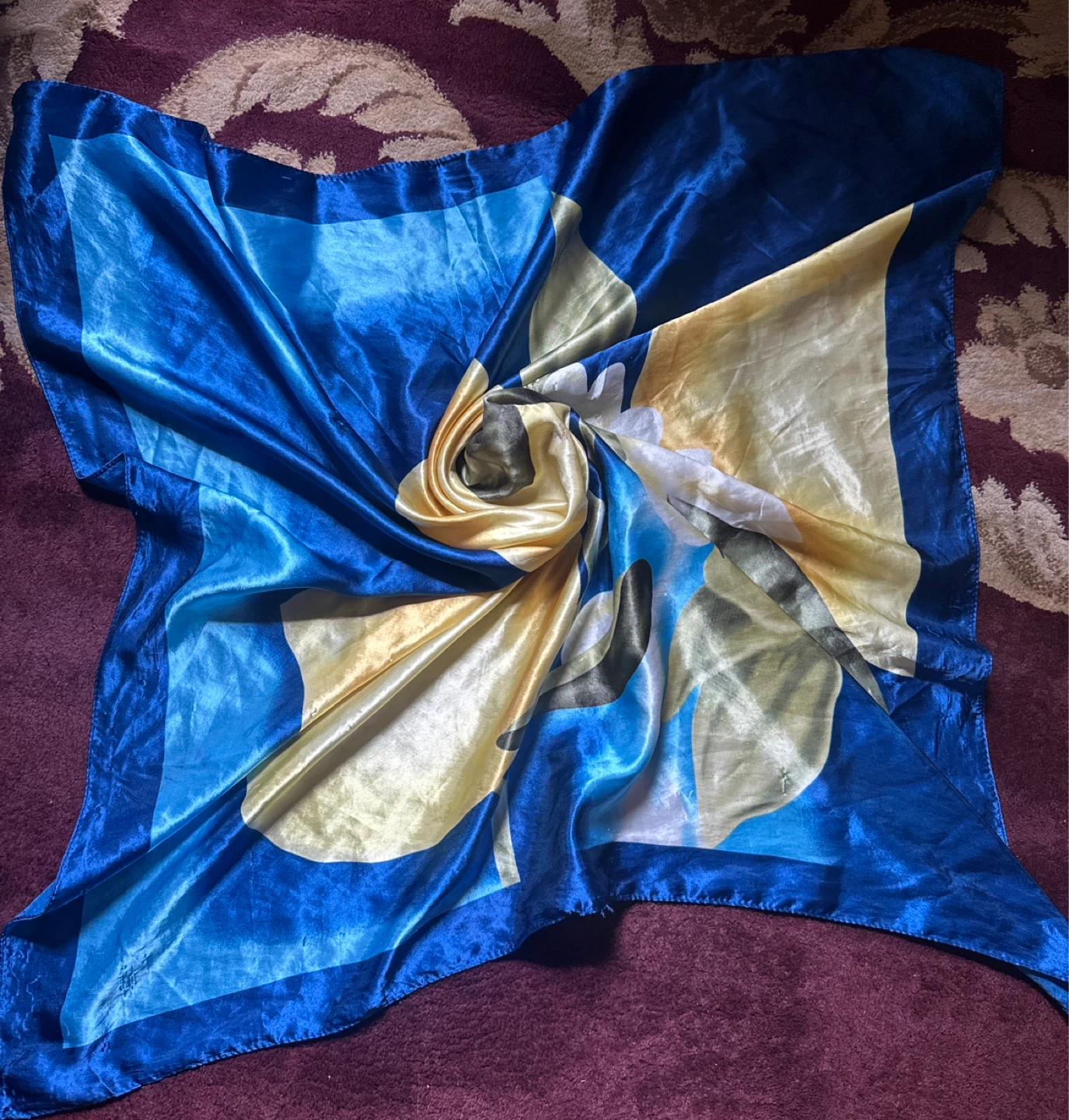 Silk Scarf Blue and Gold Floral