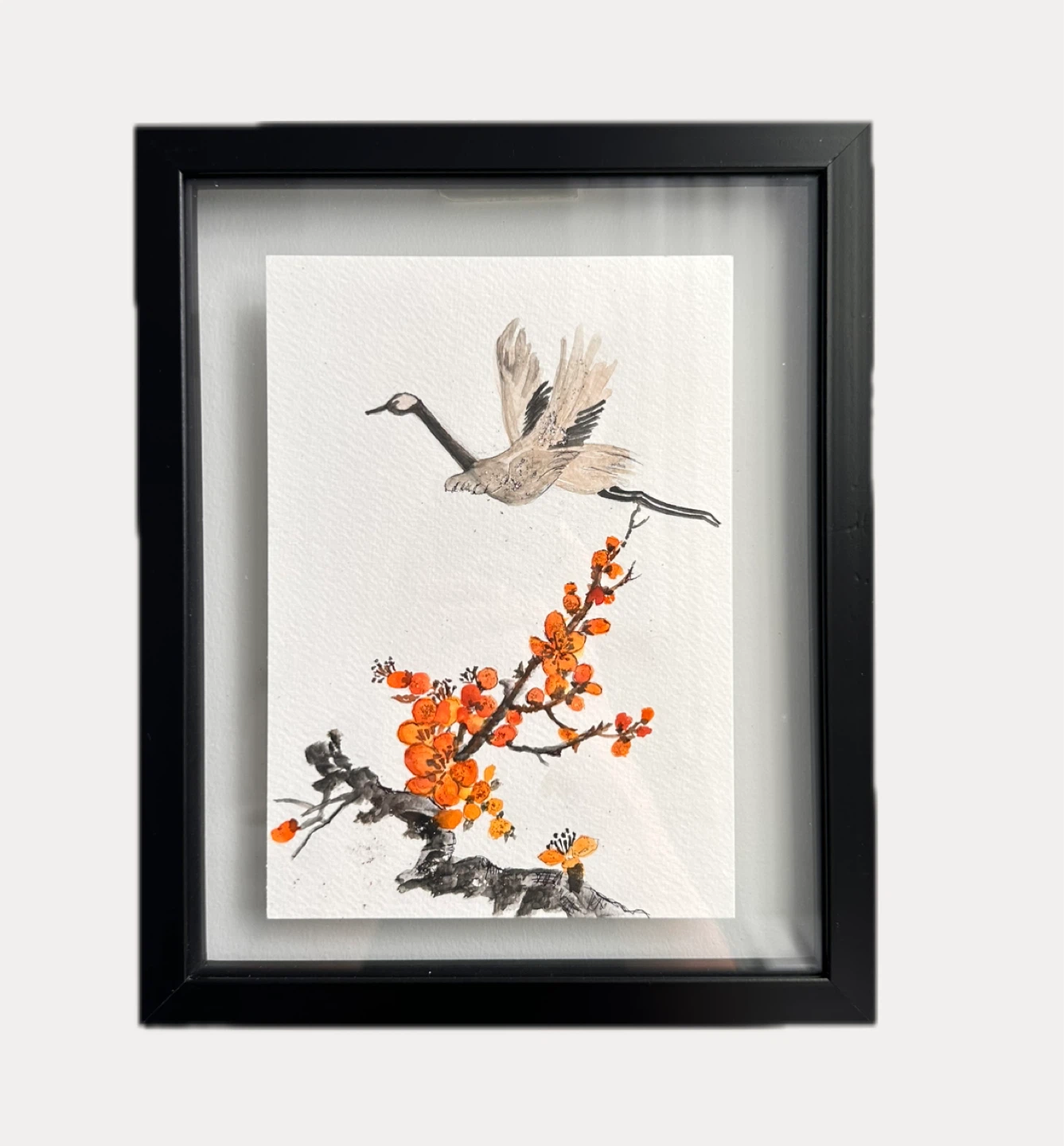 Framed Painting of Goose and Cherry Blossoms