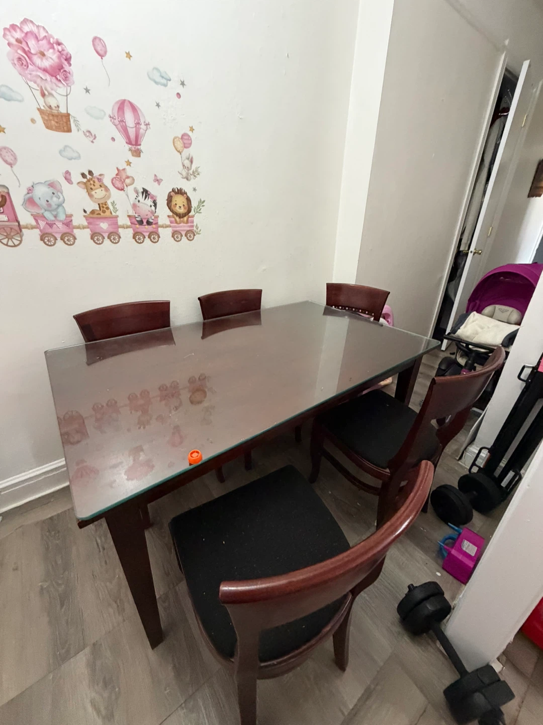 Wooden Dining Table with Glass Top and 6 Chairs