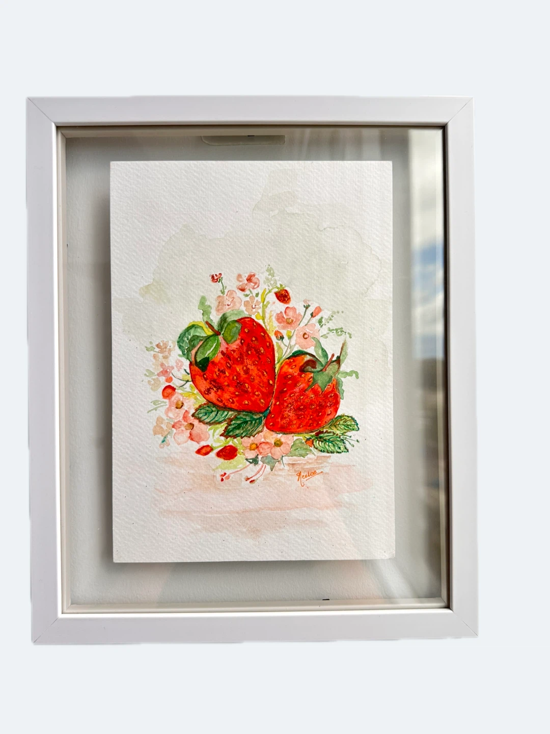 Framed Watercolour Painting of Strawberries and Flowers