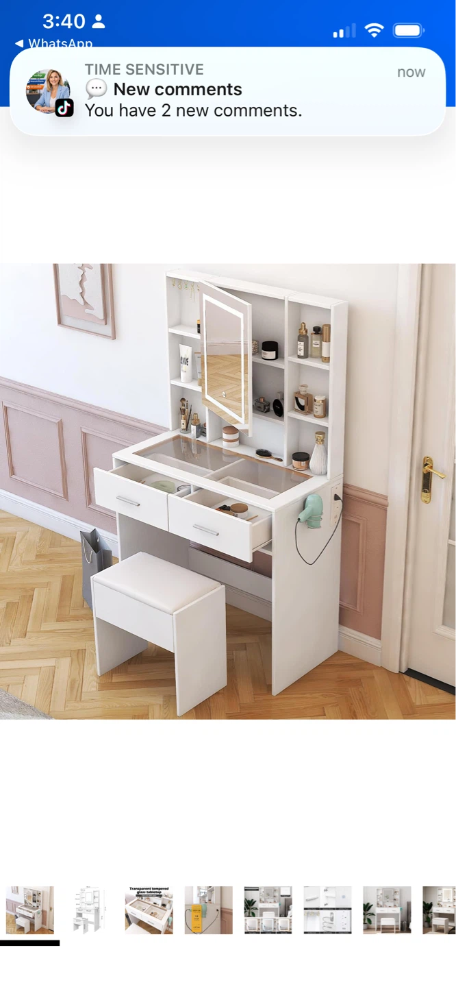 New White Vanity Desk with Mirror and Stool