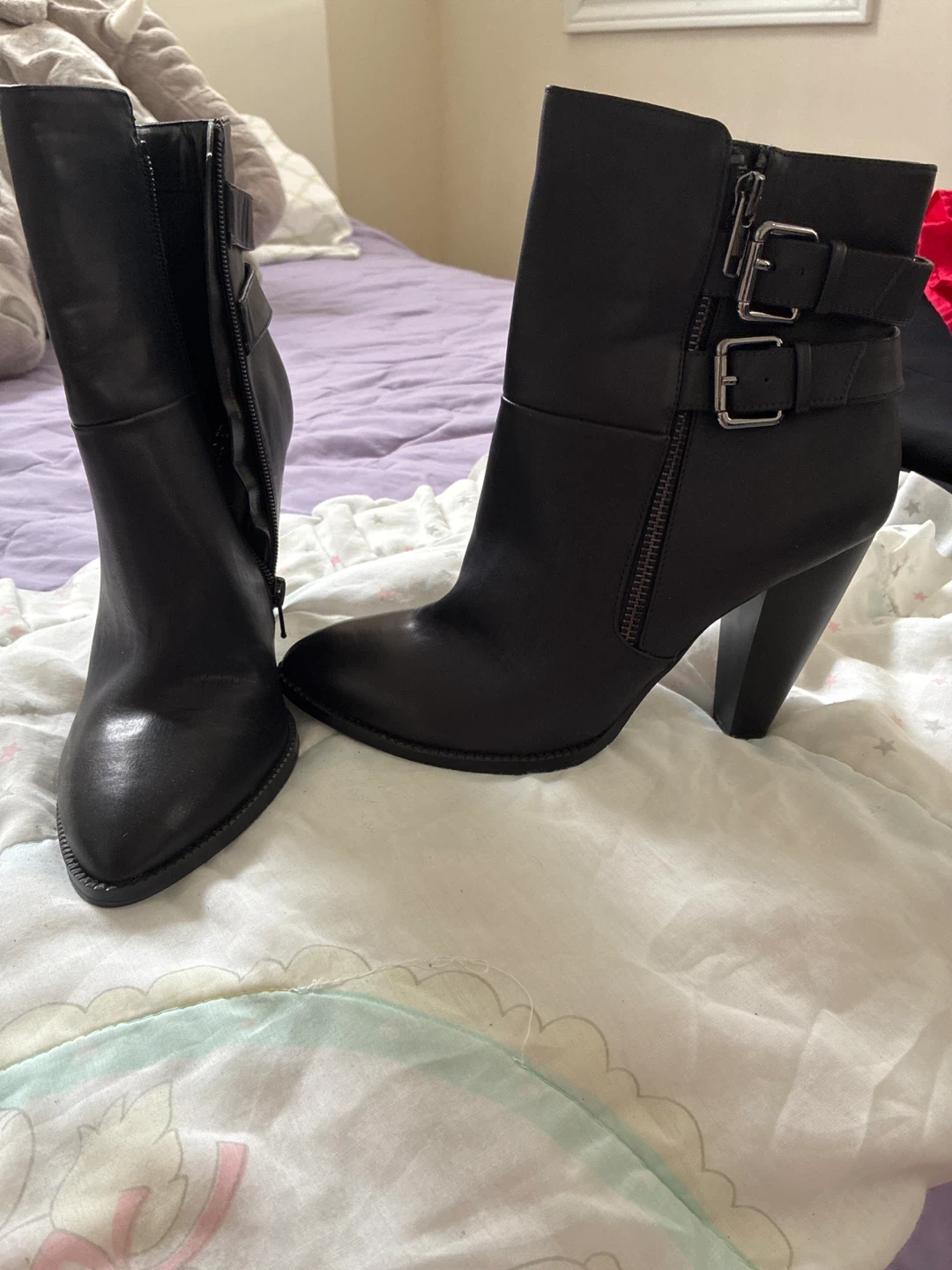 Black Heeled Ankle Boots with Buckle Detail