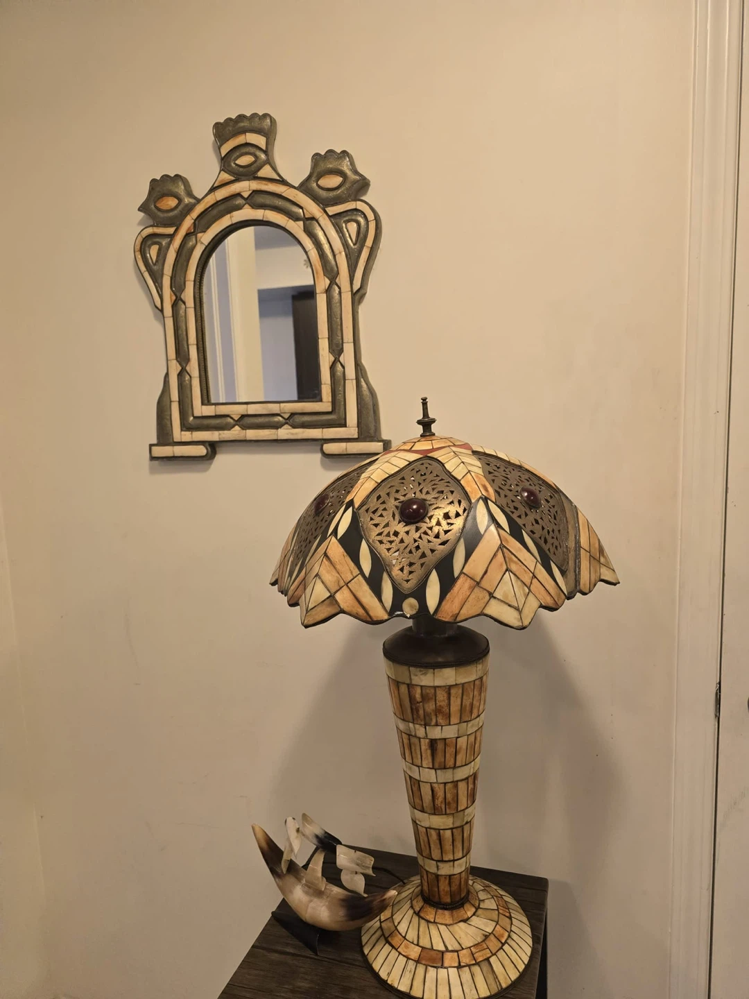 Decorative Table Lamp with Ornate Metal and Bone- Inlay