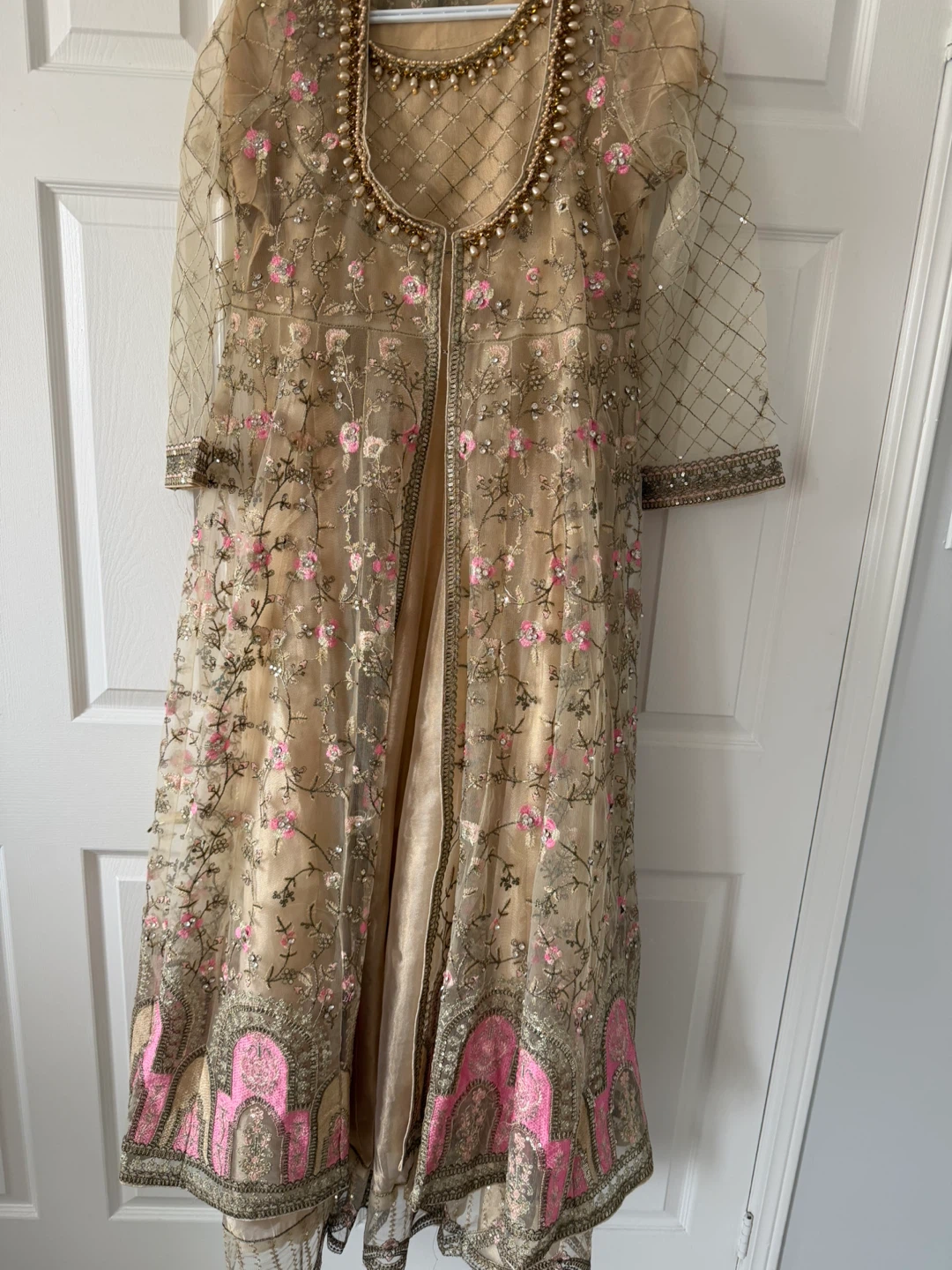Embellished Beige Ethnic Dress with Pink Floral Embroidery