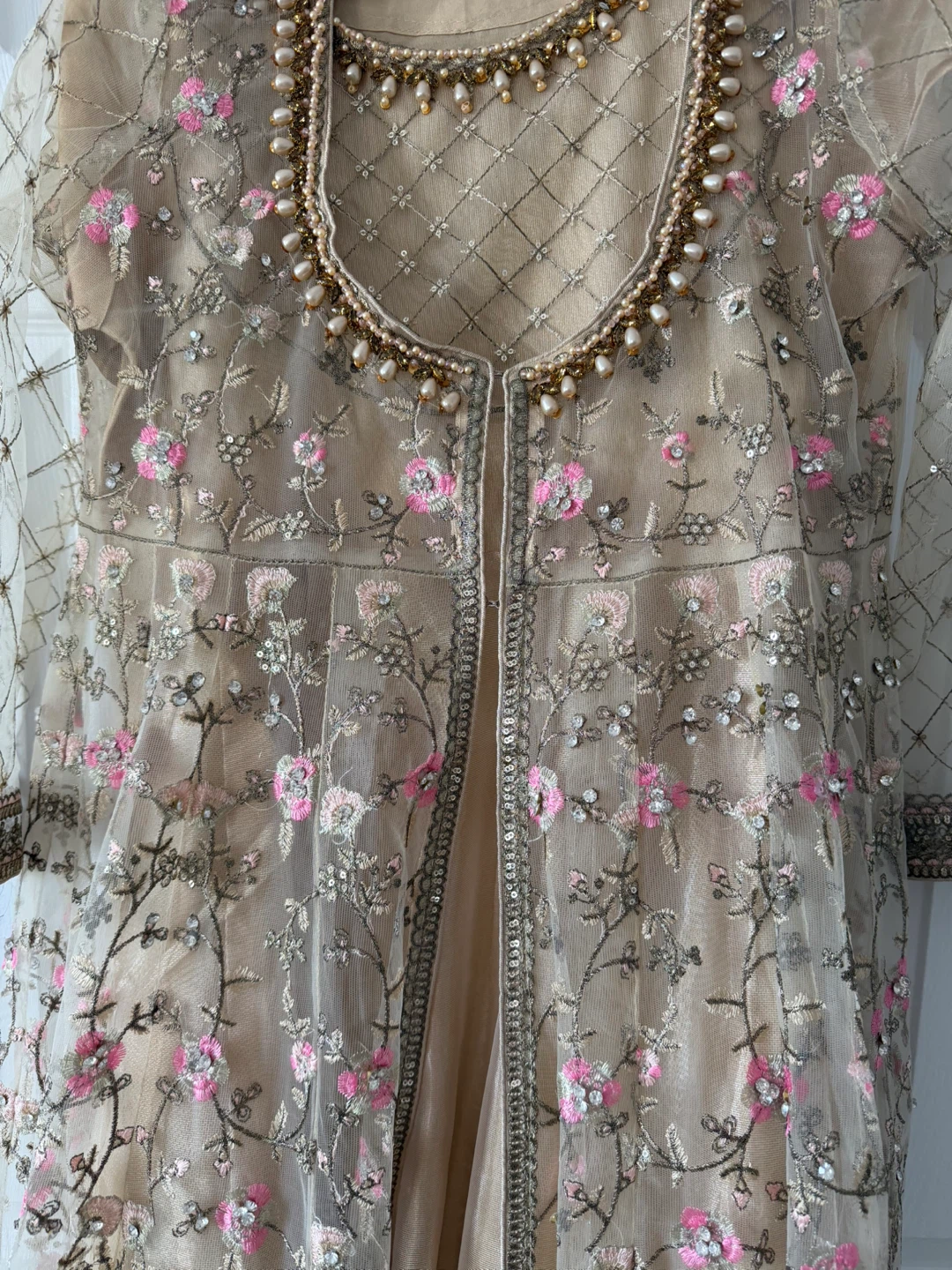 Embellished Beige Ethnic Dress with Pink Floral Embroidery - photo 2