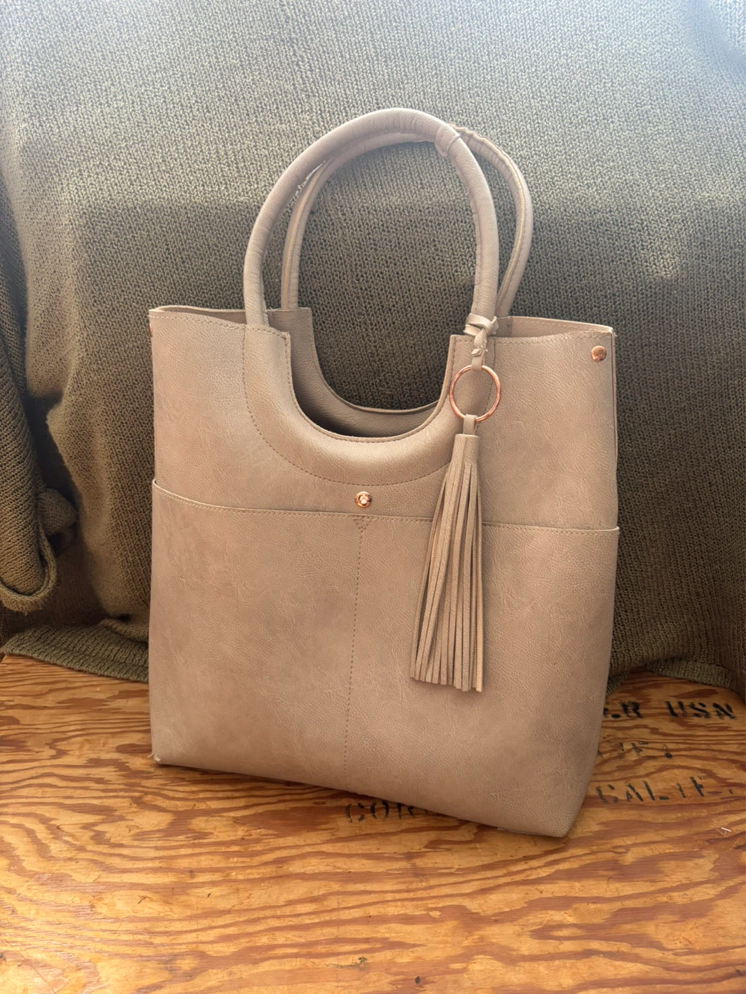 Tan Faux Leather Tote Bag with Tassel