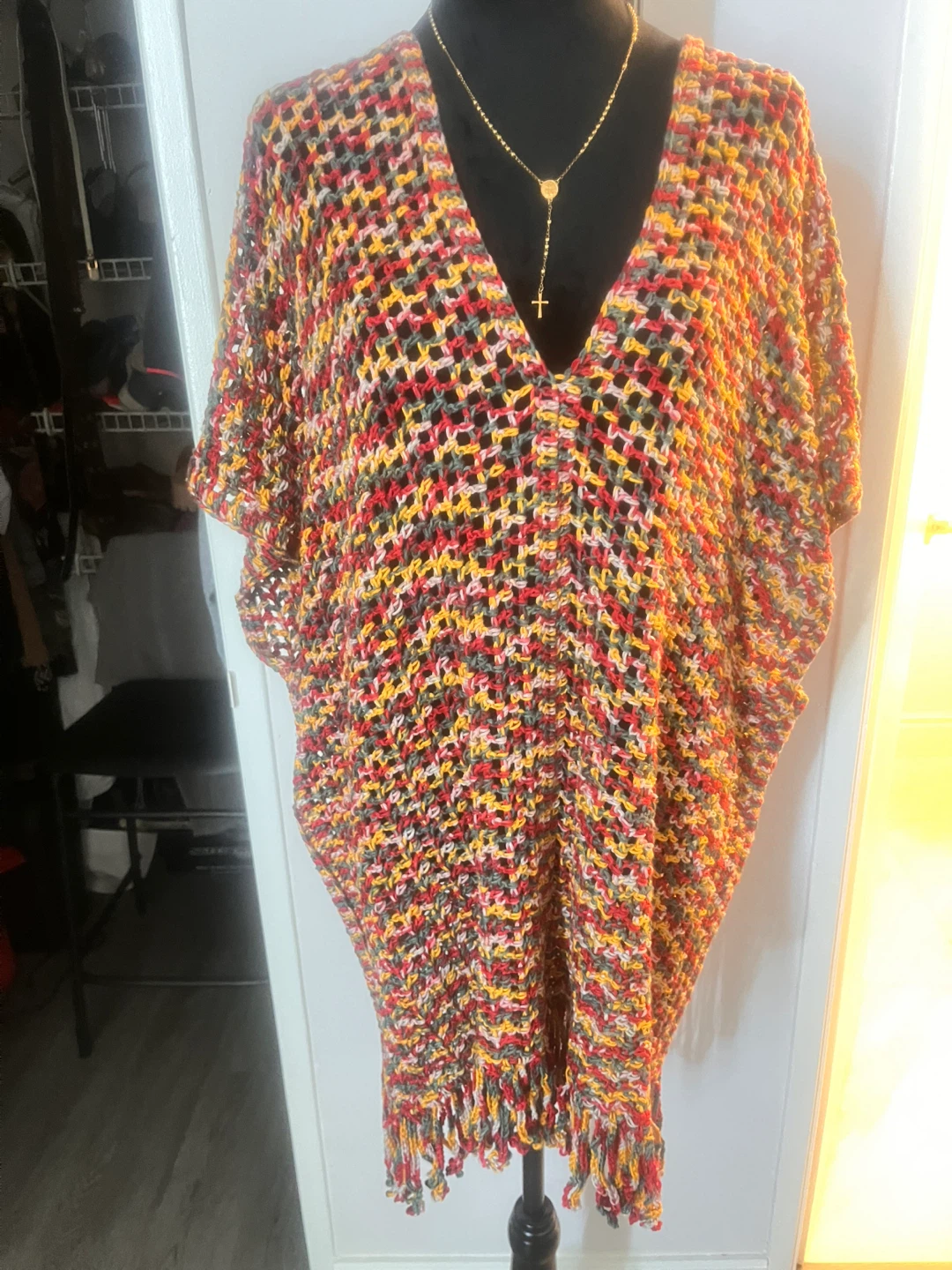 Crocheted Multi-Coloured Poncho with Fringe