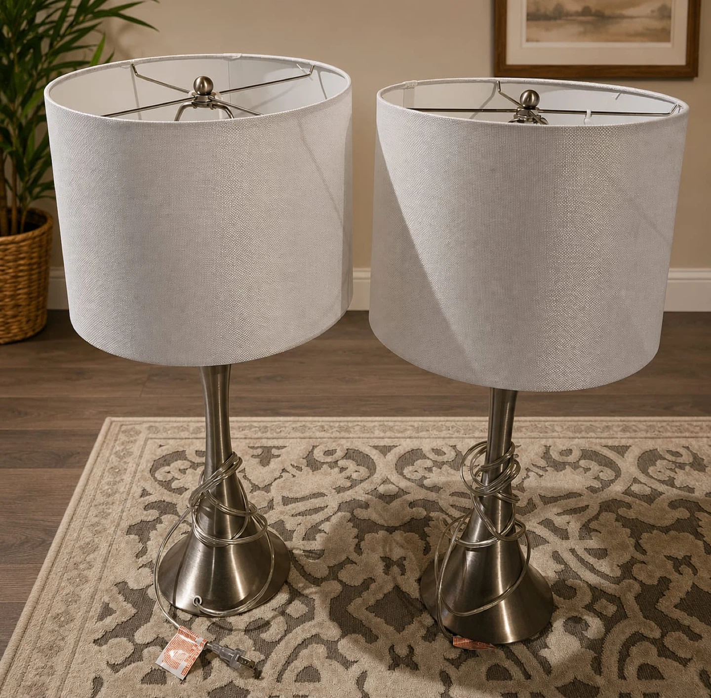 Set of 2 Modern Brushed Metal Table Lamps with White Shades - photo 2