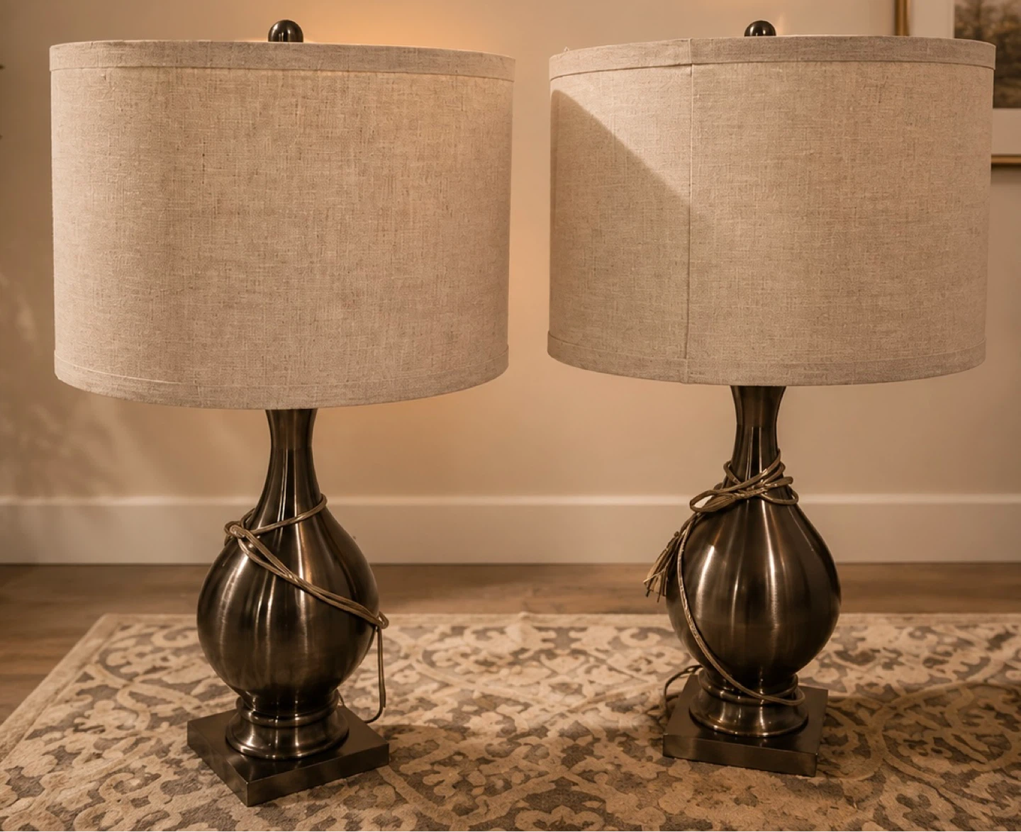 Set of 2 Big Modern Table Lamps Beige Shade and metal bottoms