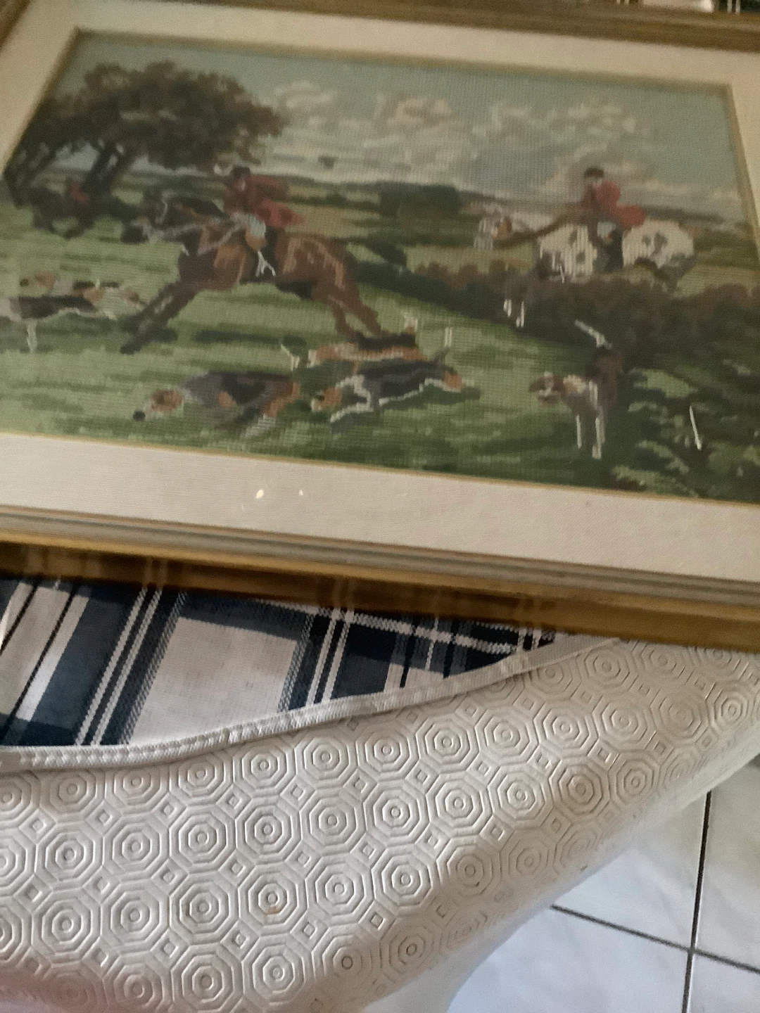Framed Needlepoint Hunting Scene Art - photo 2