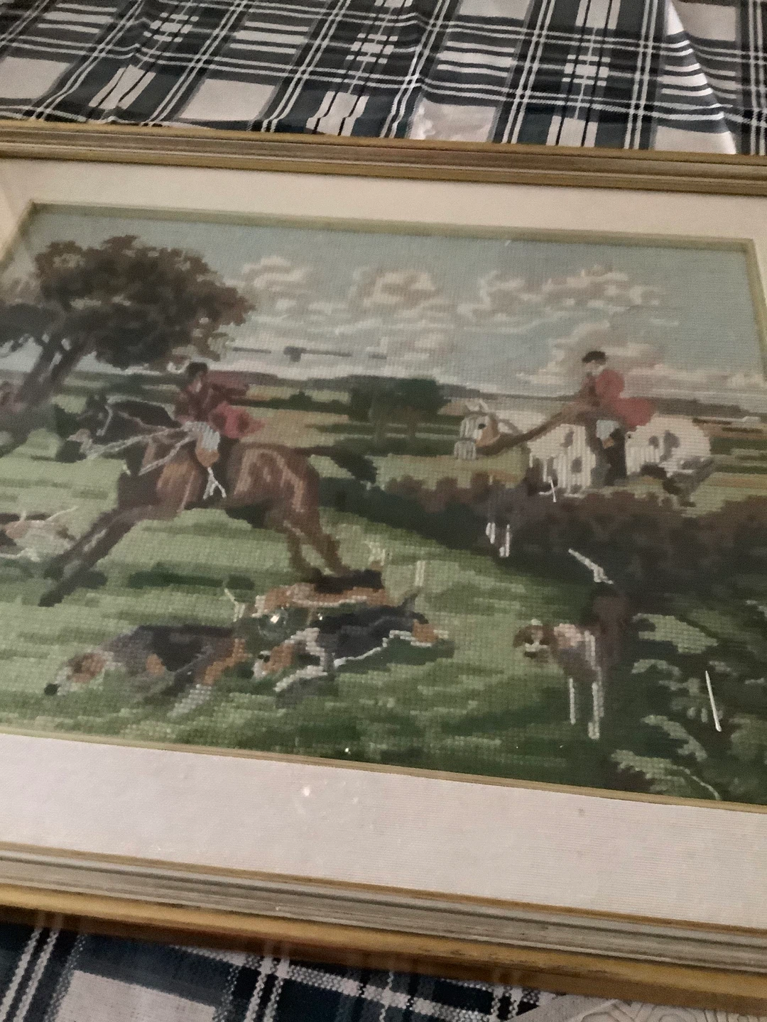 Framed Needlepoint Hunting Scene Art