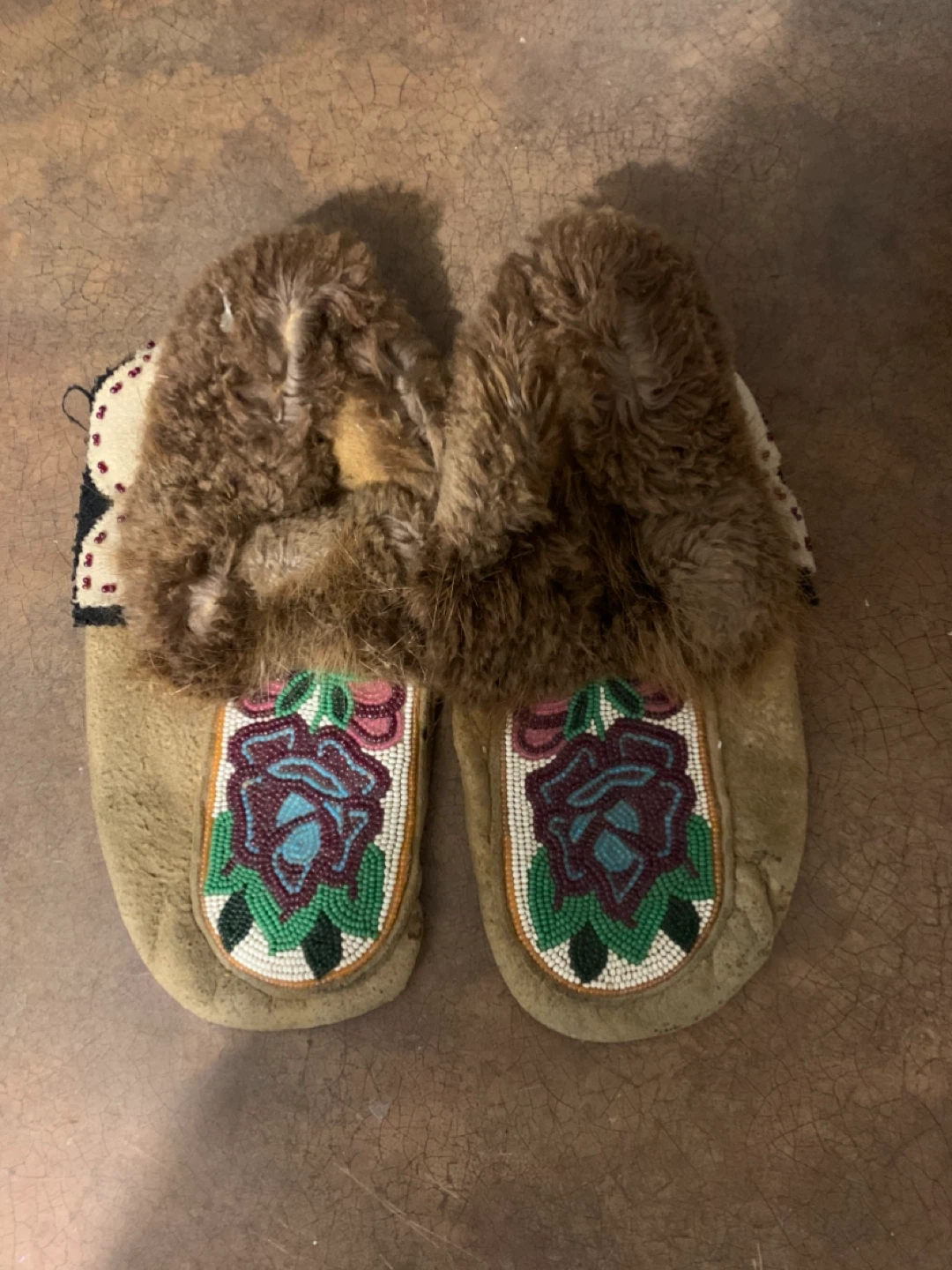 Handmade Beaded Moccasins with Fur Trim