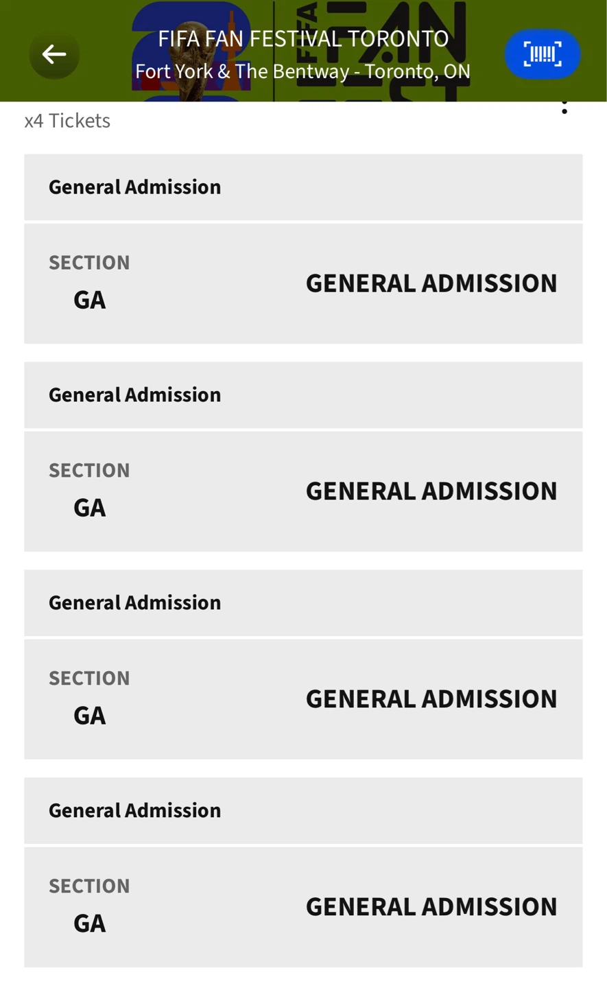 4x FIFA Fan Festival Toronto General Admission Tickets