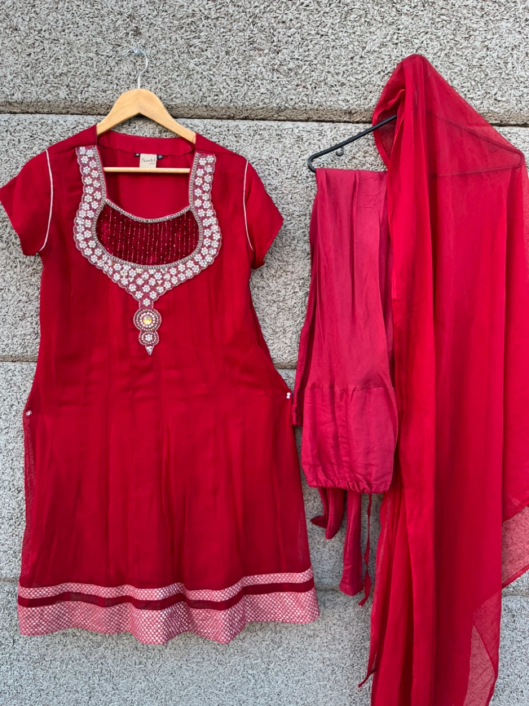 Scarlet Kurti, Pants, and Dupatta Set - Red