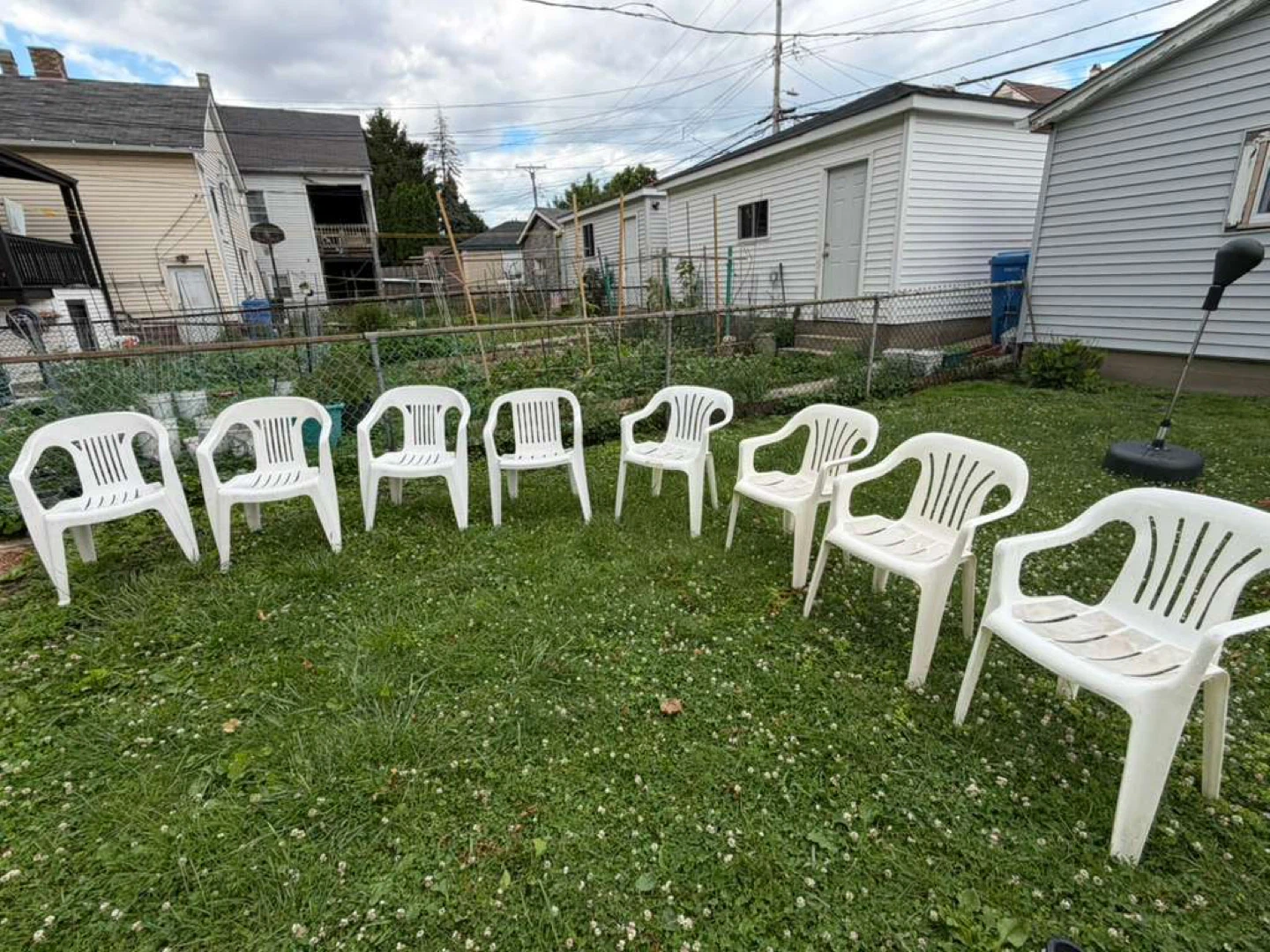 Set of 8 White Plastic Patio Chairs