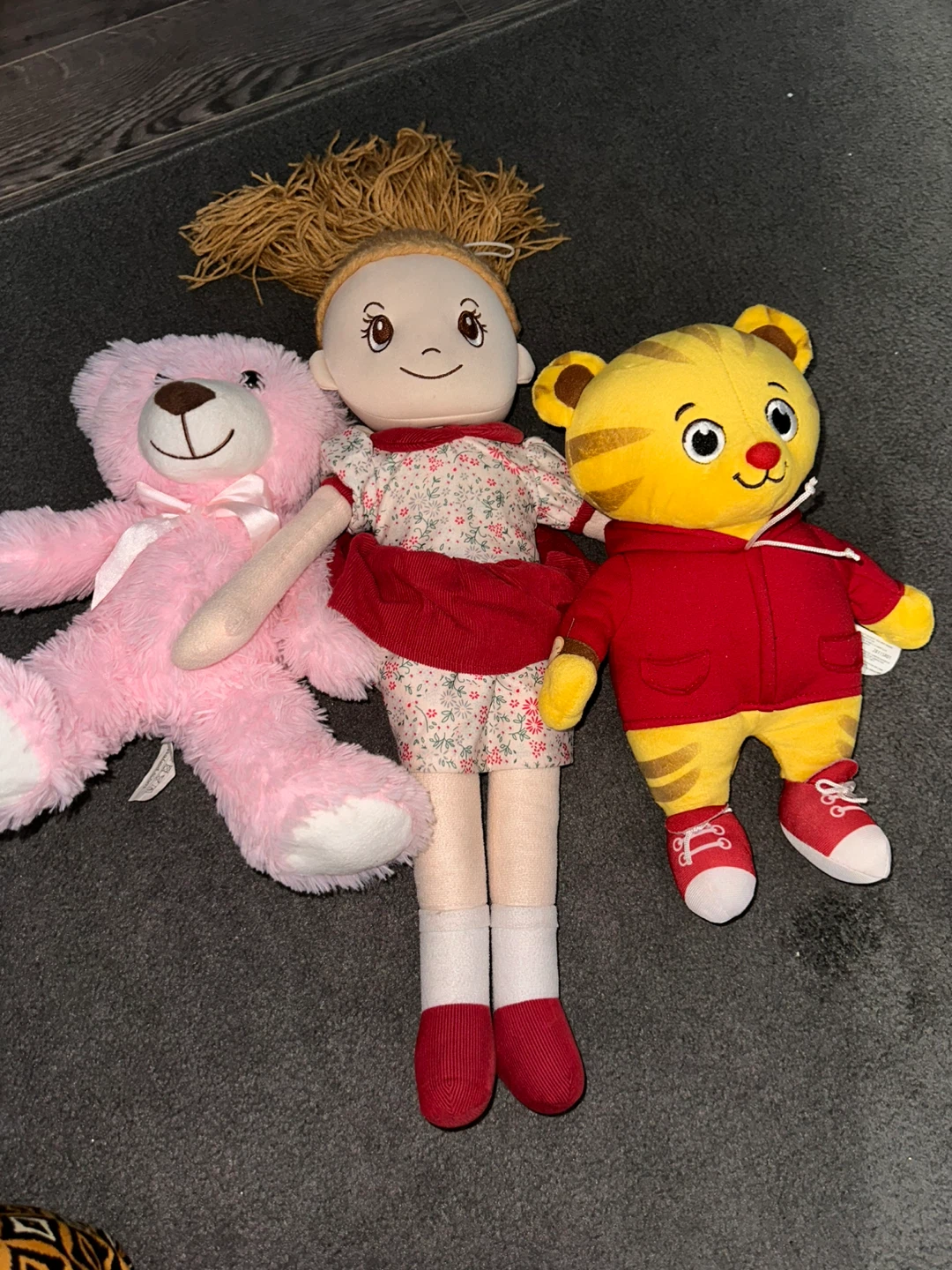 Lot of 3 Stuffed Animals: Pink Bear, Doll, Daniel Tiger