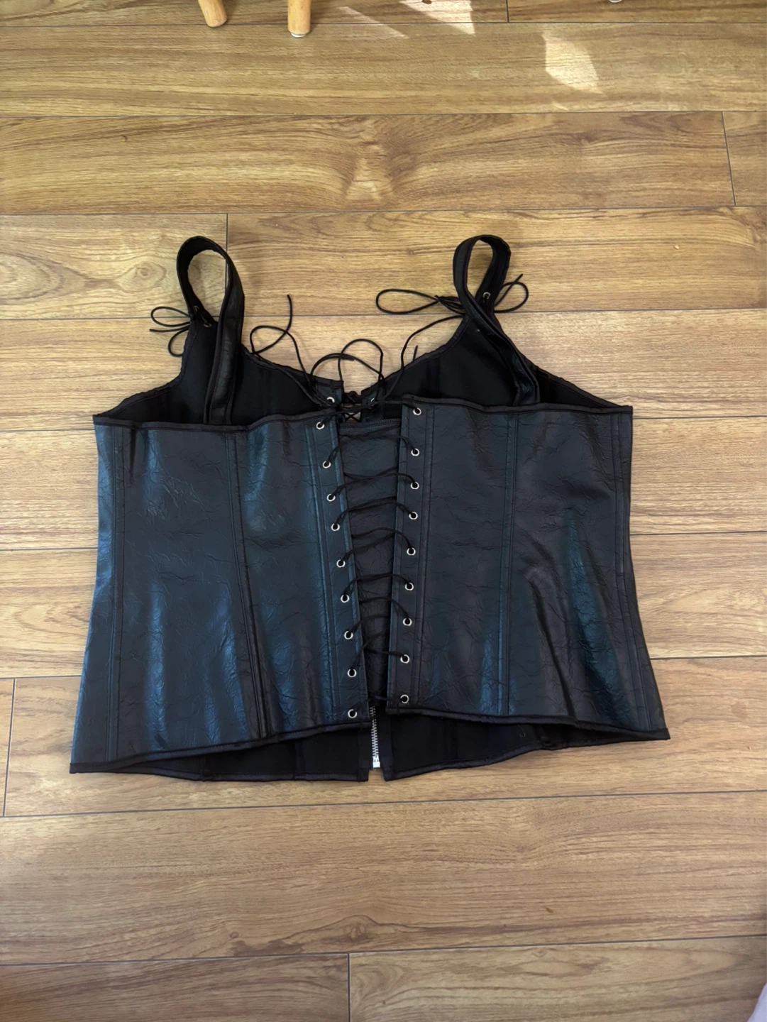 Black Faux Leather Corset Top with Lace-Up Detail - photo 2