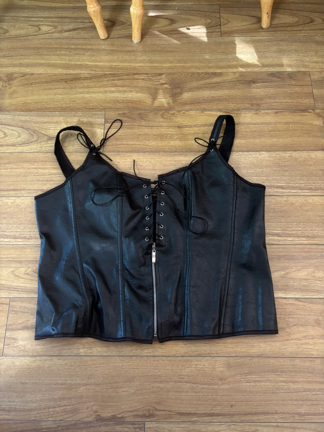 Black Faux Leather Corset Top with Lace-Up Detail