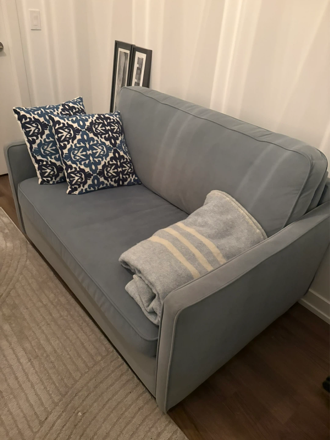 Blue suede pullout sofa from Chesterfield great condition
