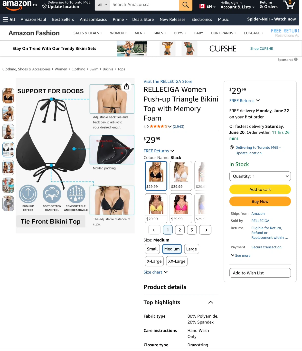 NWT Women's Push-up Triangle Bikini  - Black, Medium - photo 3