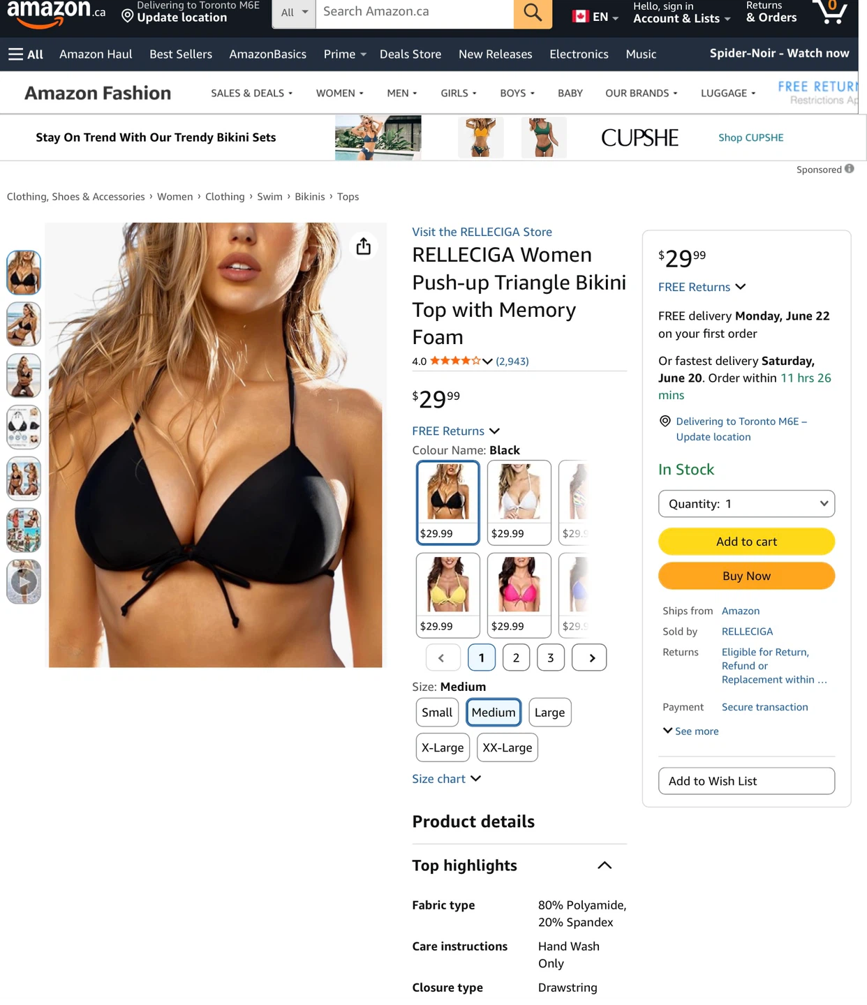 NWT Women's Push-up Triangle Bikini  - Black, Medium - photo 2