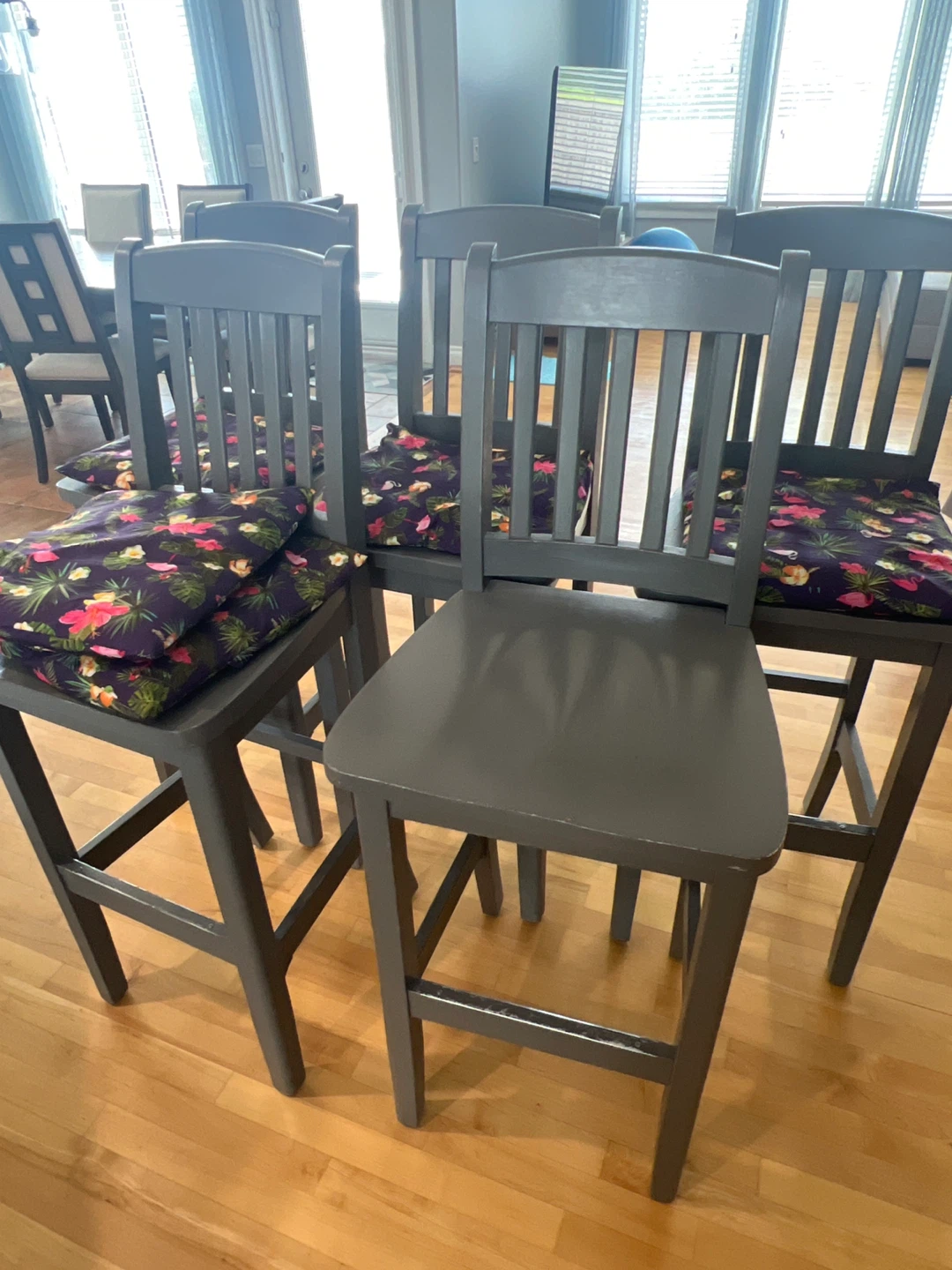 Grey Bar Stools with Floral Cushions (Set of 4)