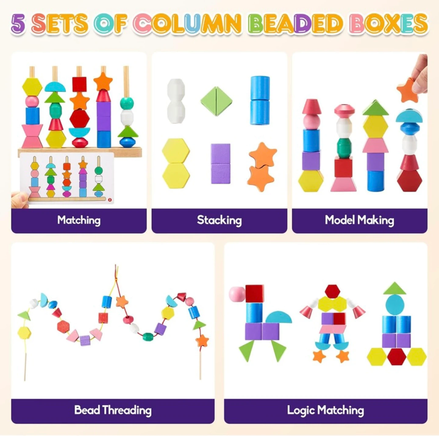 New Montessori Wooden Lacing Beads Matching Shape Stacker - photo 3
