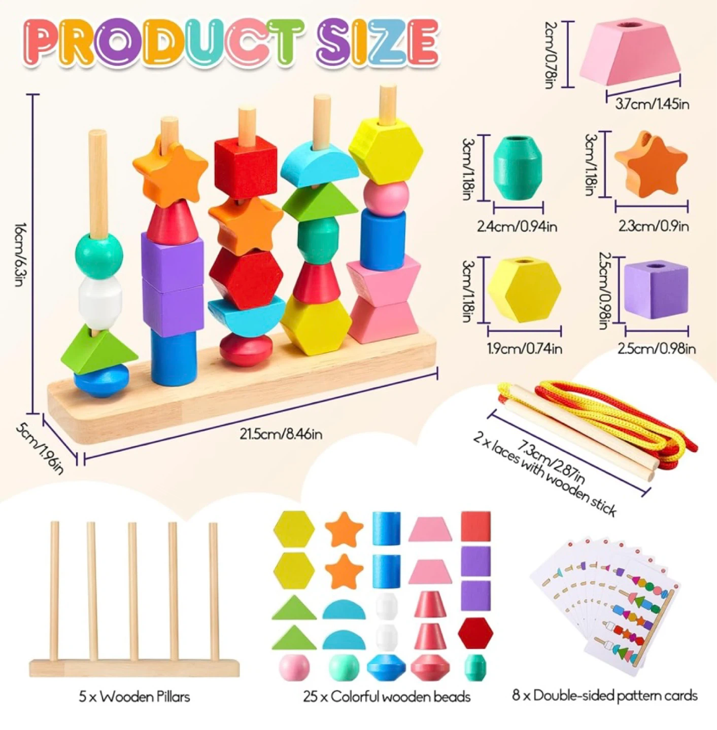 New Montessori Wooden Lacing Beads Matching Shape Stacker - photo 2