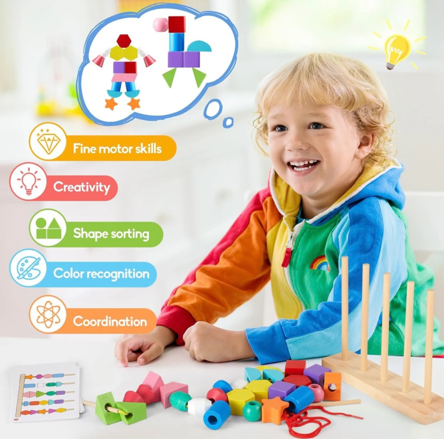 New Montessori Wooden Lacing Beads Matching Shape Stacker - photo 4